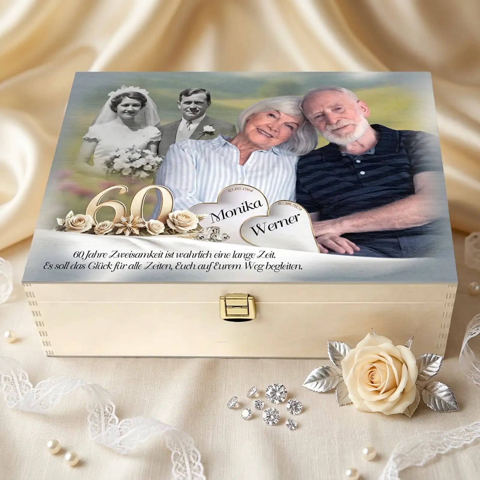 Geschenk zur Diamantenen Hochzeit: Personalisierte Holzbox mit Fotos von damals und heute, Namen und individuellem Text als Erinnerung an 60 Jahre Ehe