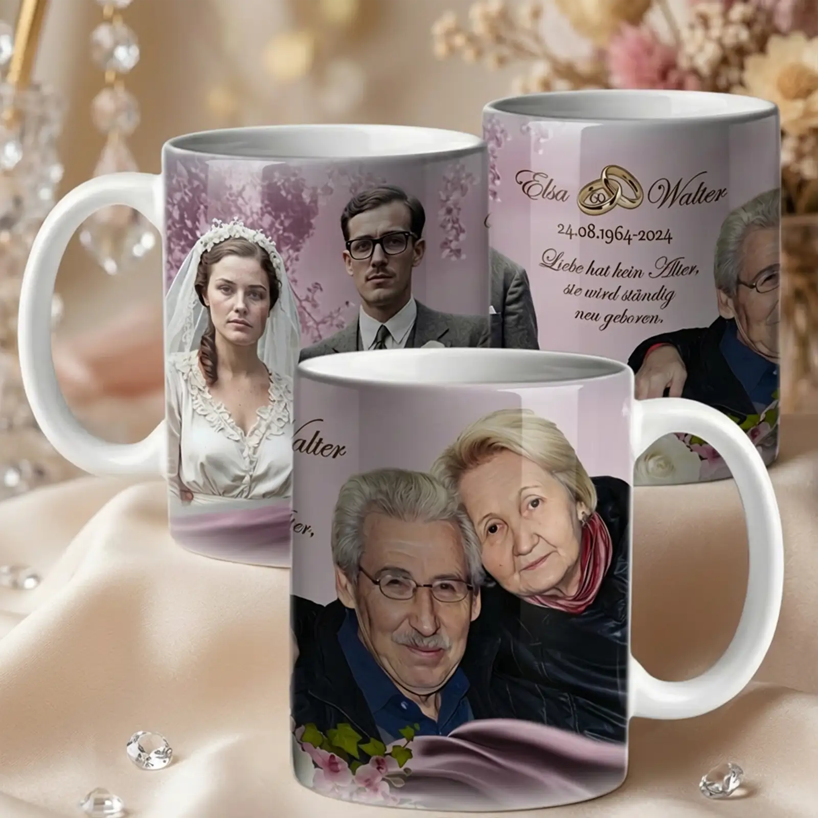 Geschenk zur Diamanthochzeit: Tasse personalisiert mit Fotos und Namen als besondere Erinnerung an 60 Jahre Ehe. Perfektes Geschenk zum 60. Hochzeitstag.