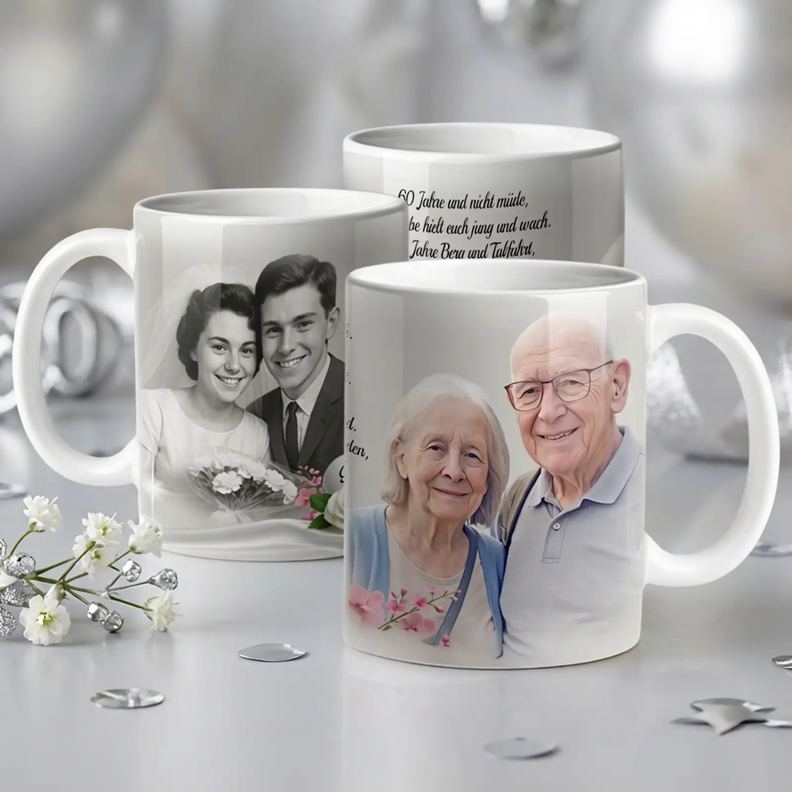 Geschenk zur Diamantenen Hochzeit: Personalisierte Tasse mit Fotos und individuellem Text zum 60. Hochzeitstag
