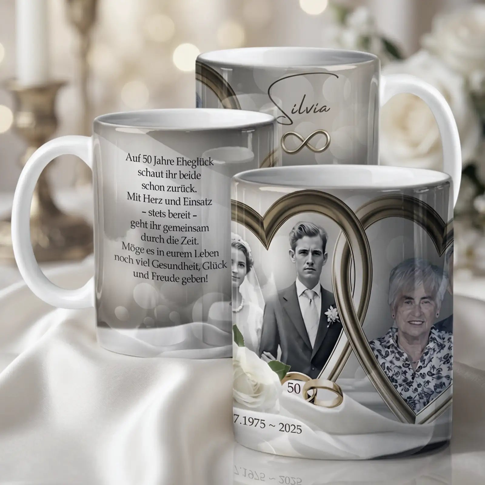 Fototasse Goldene Hochzeit – Geschenk zum 50jährigen Ehejubiläum  mit Paarfotos. Zum 50. Hochzeitstag.