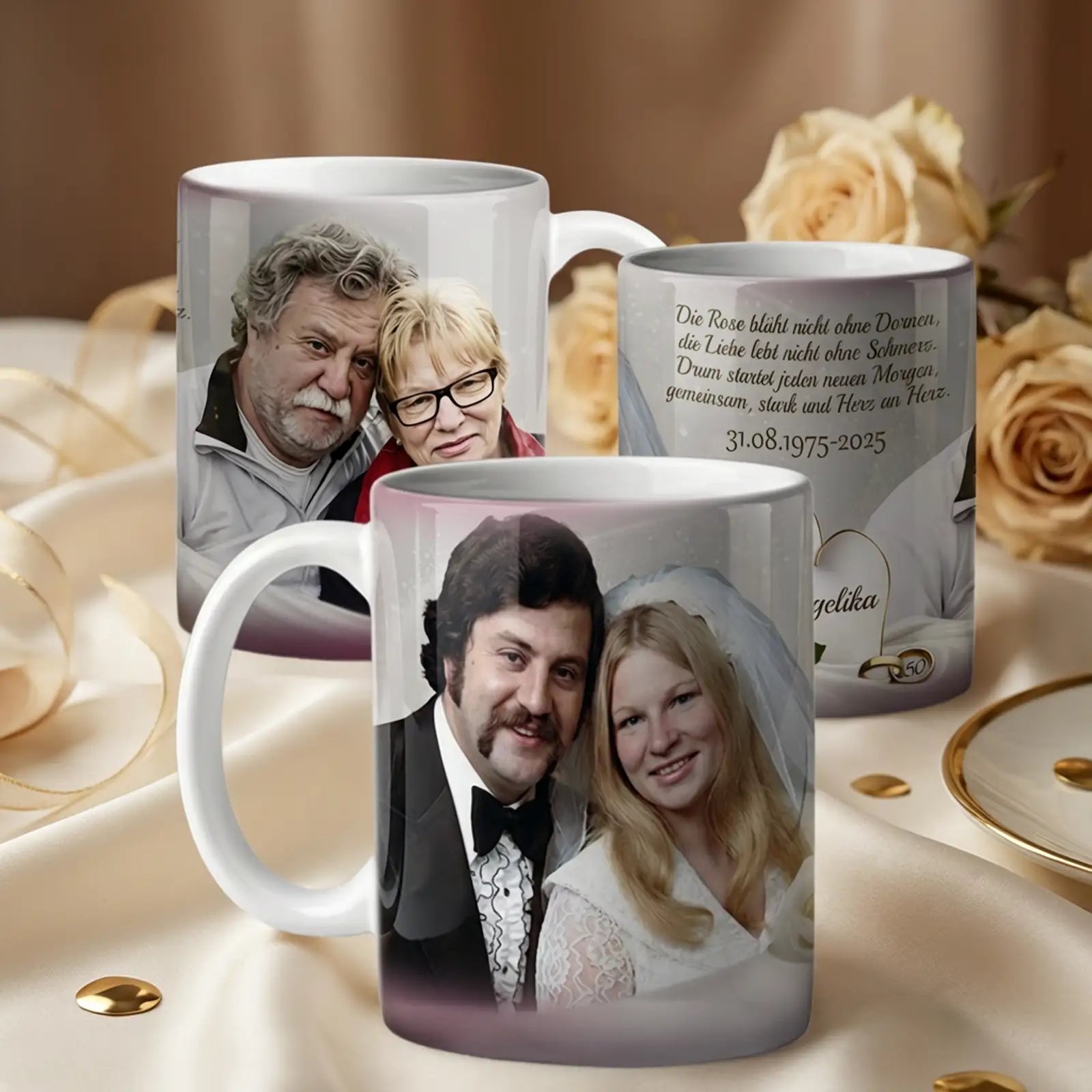 Geschenk zur Goldenen Hochzeit: originelle Tasse mit persönlichen Fotos und Datumsangabe für besondere Erinnerungen. Zum 50. Hochzeitstag.