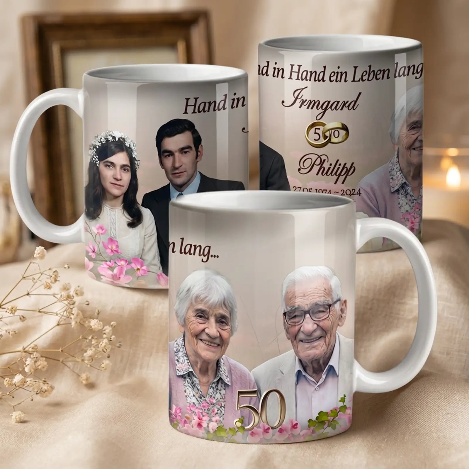 Jubiläumsgeschenk zur goldenen Hochzeit.  50 Jahre Ehe – Fototasse mit Zitat & Namen. Zum 50. Hochzeitstag.