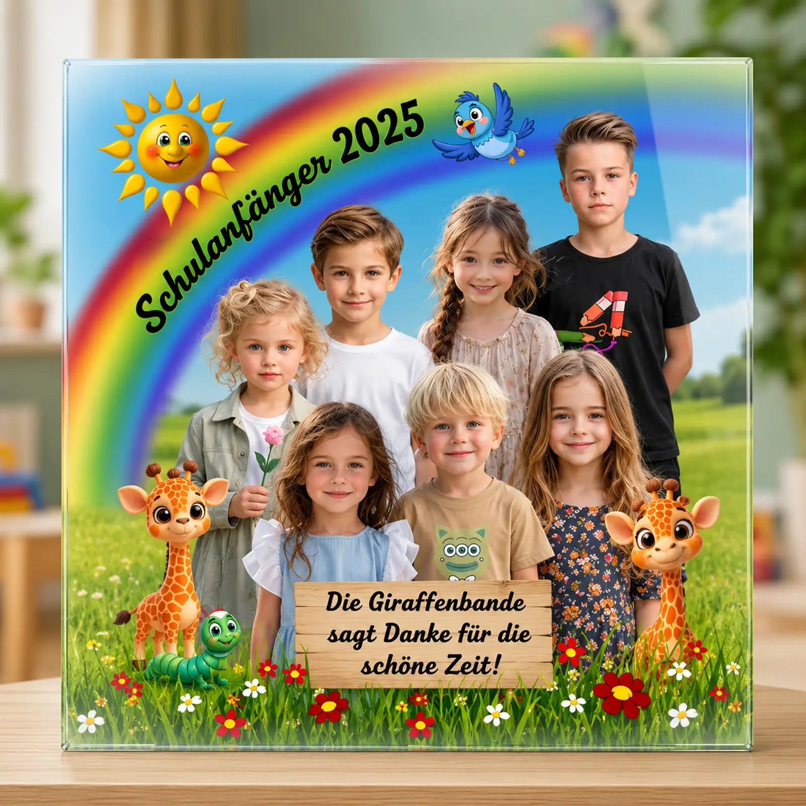 Personalisierbares Acrylglasbild mit Giraffen-Motiv, Kinderfotos, Namen und bunter Wiesenlandschaft als Abschiedsgeschenk für Kindergarten, Kita oder Vorschule.