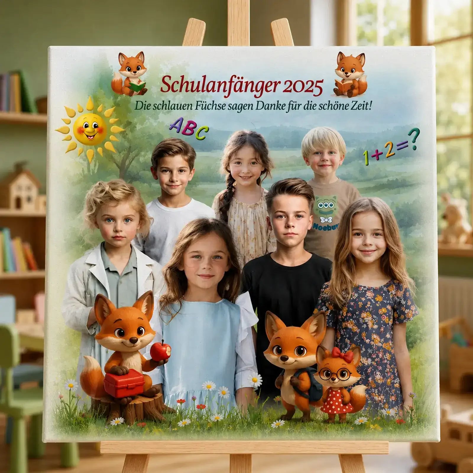 Personalisierte Leinwand zum Kindergartenabschied mit Gruppenfoto, Namen der Kinder und Fuchs-Motiv als Geschenk für Erzieherinnen.