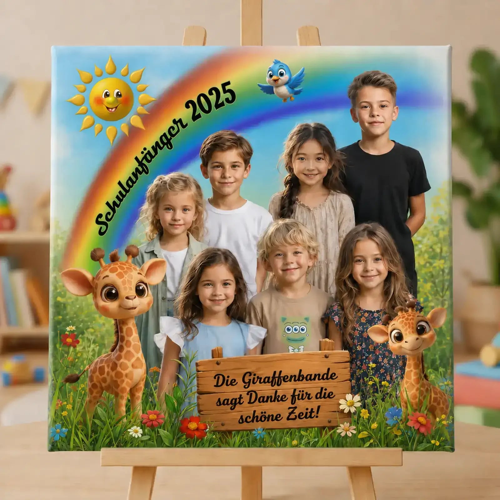Personalisierte Kindergarten-Leinwand mit Gruppenfoto, Kindern, Giraffen, Regenbogen und Text „Die Giraffenbande sagt Danke für die schöne Zeit“ als Abschiedsgeschenk für Schulanfänger 2025.