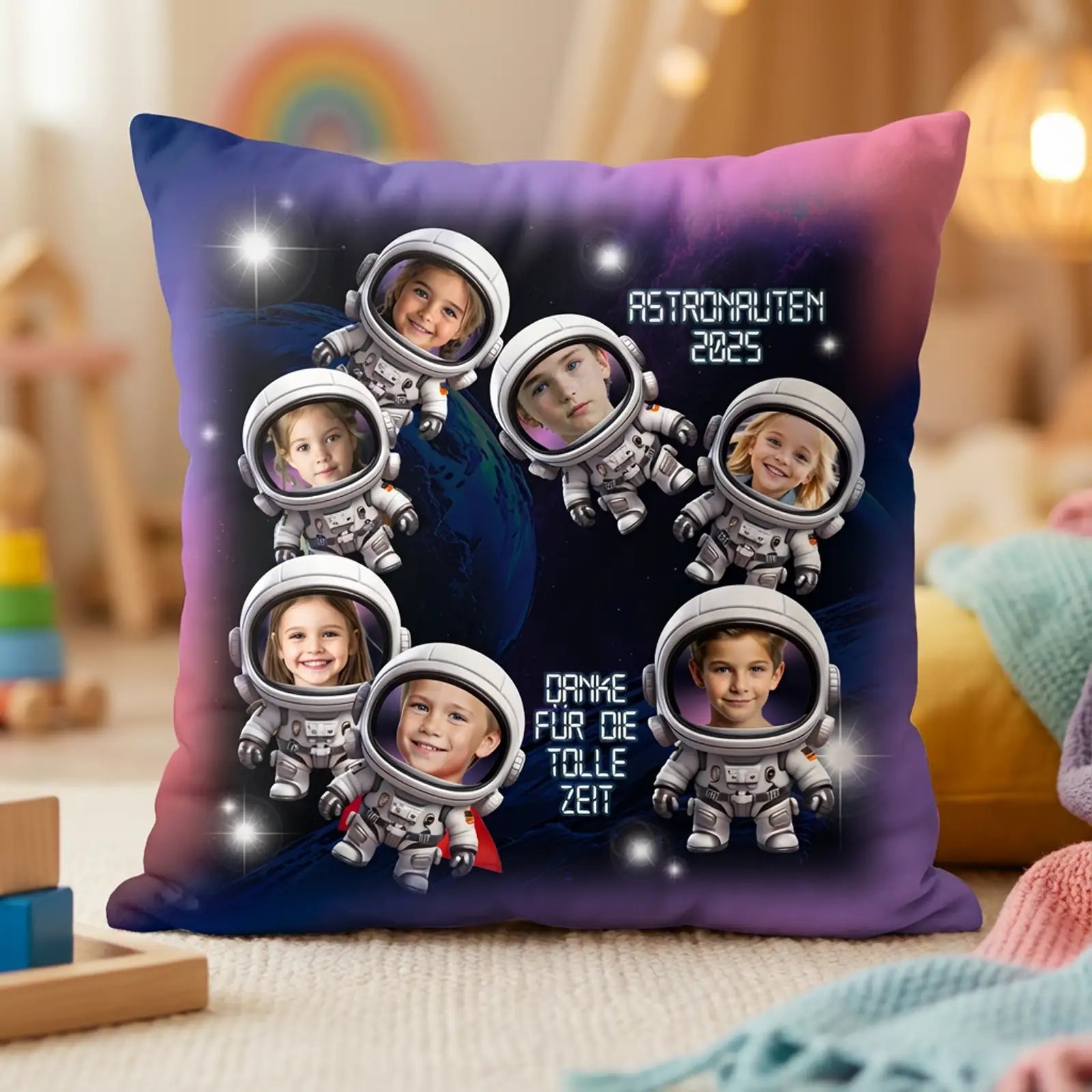 Geschenk Fotokissen mit Astronauten-Motiven und Kindergesichtern, ideal als Abschiedsgeschenk für Erzieherinnen.