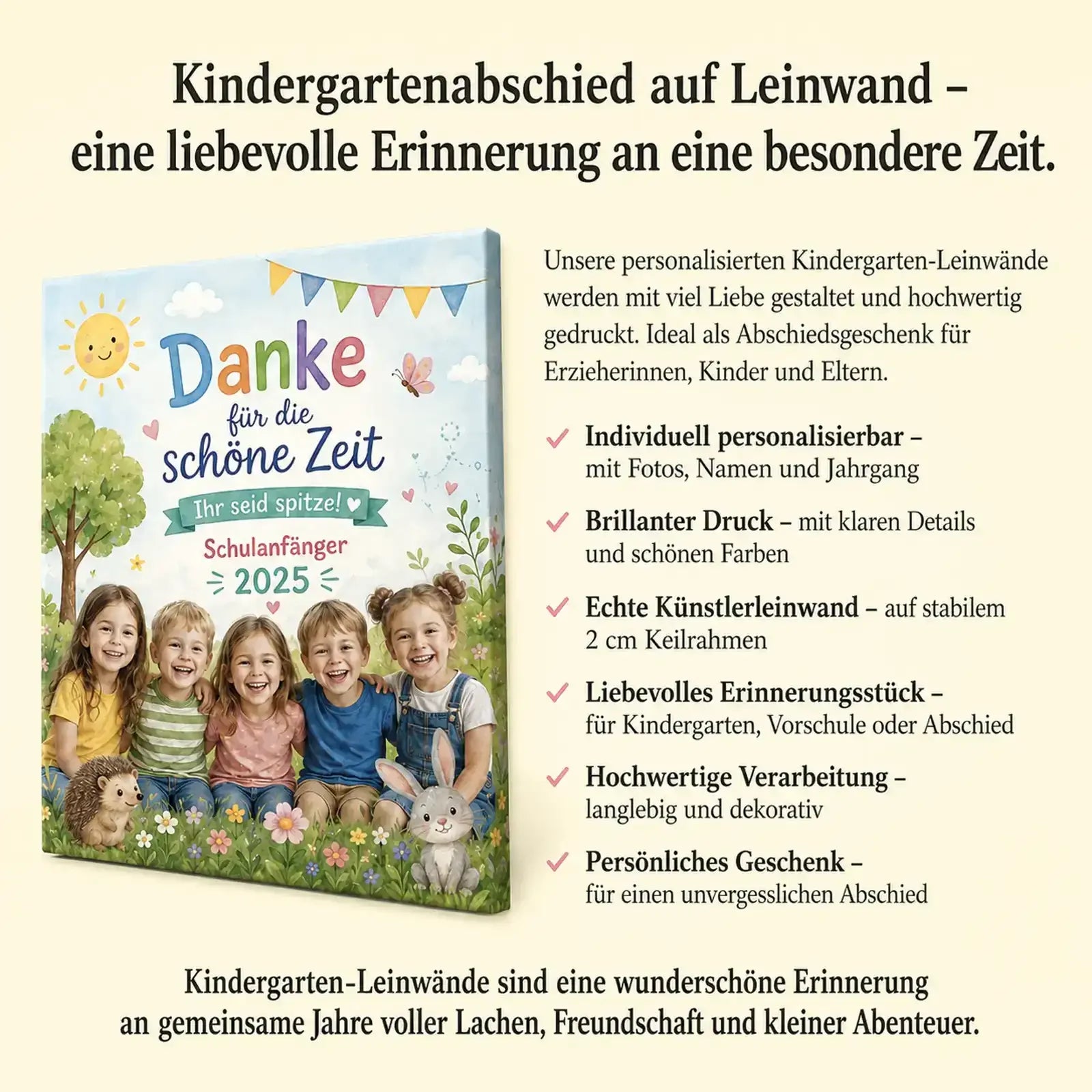 Personalisierte Kindergarten-Leinwand als Abschiedsgeschenk mit Kinderfotos, Namen, Jahrgang, buntem Motiv und Text „Danke für die schöne Zeit“ auf zartgelbem Hintergrund.