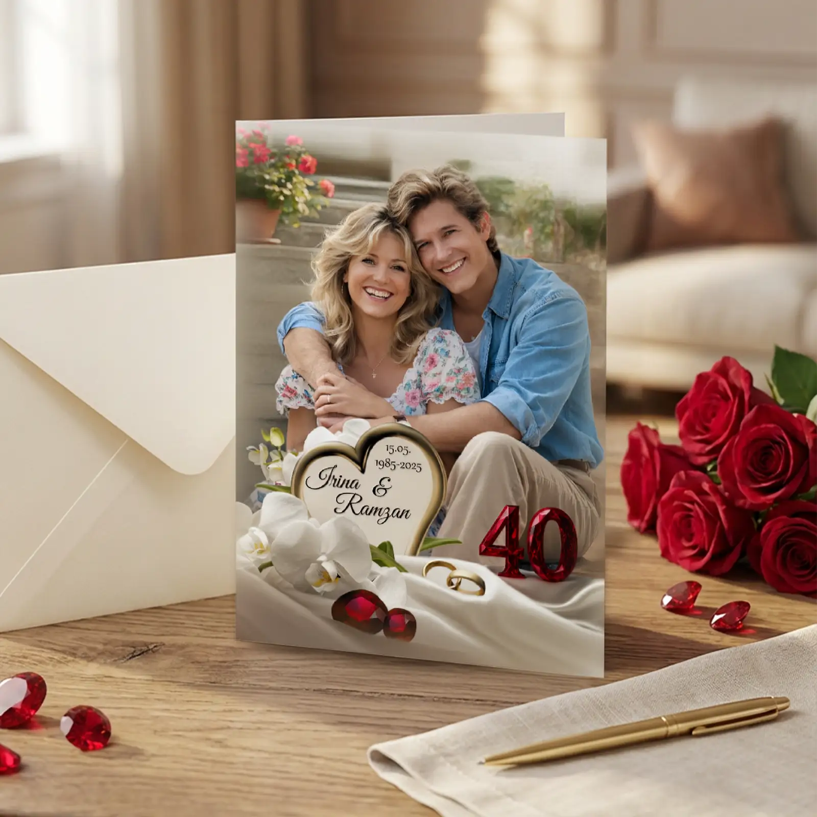 Persönlich gestaltete Grußkarte zur Rubinhochzeit mit Fotos und Text. Außen und Innen beschriftet. Sehr exklusives Geschenk zum 40. Hochzeitstag.