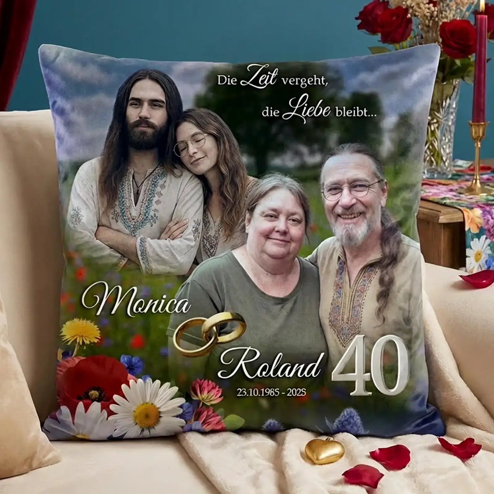 Kissen zum 40. Hochzeitstag als Geschenk zur Rubinhochzeit mit Foto damals und heute