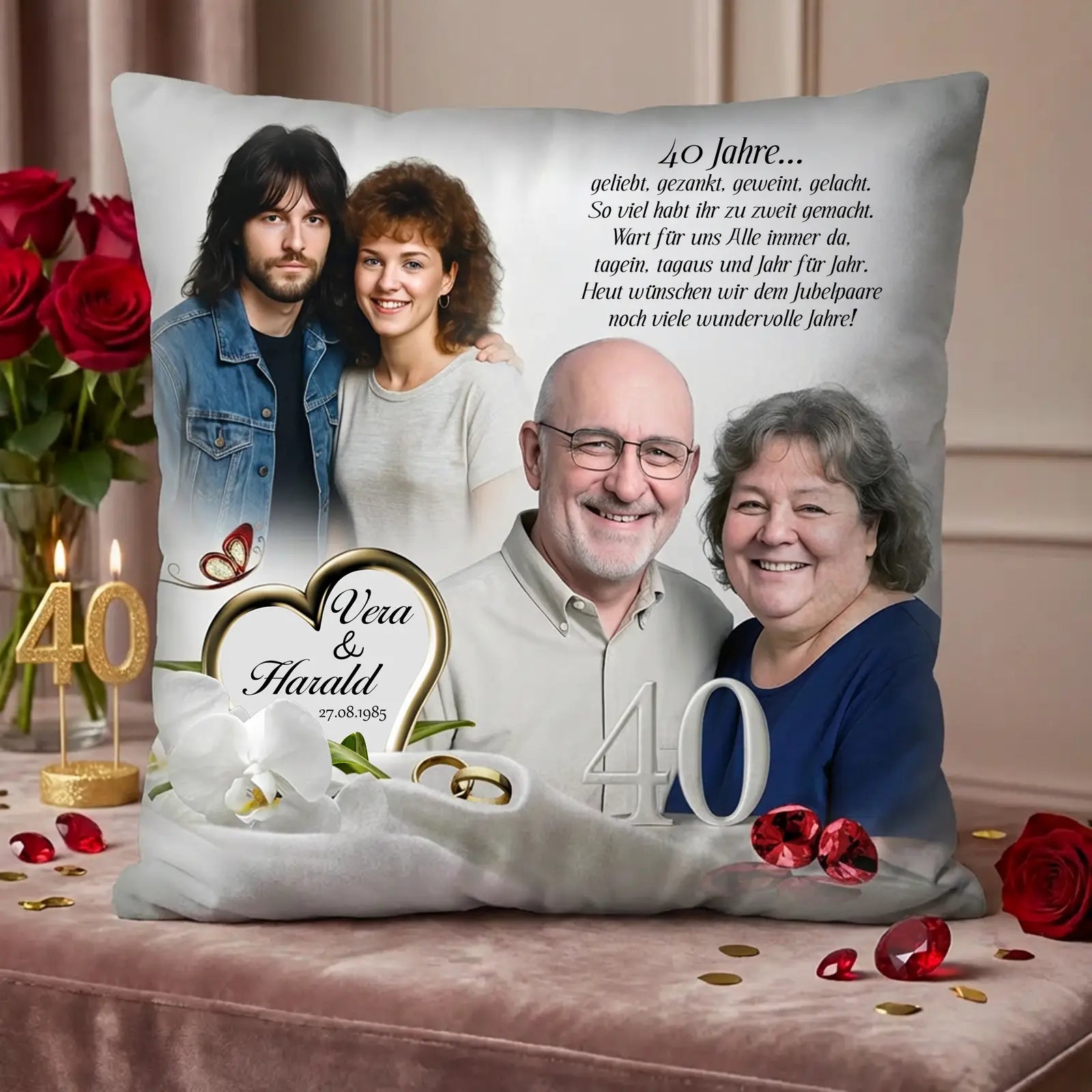 Geschenk zur Rubinhochzeit: Personalisiertes Kissen mit Foto damals und heute zum 40. Hochzeitstag