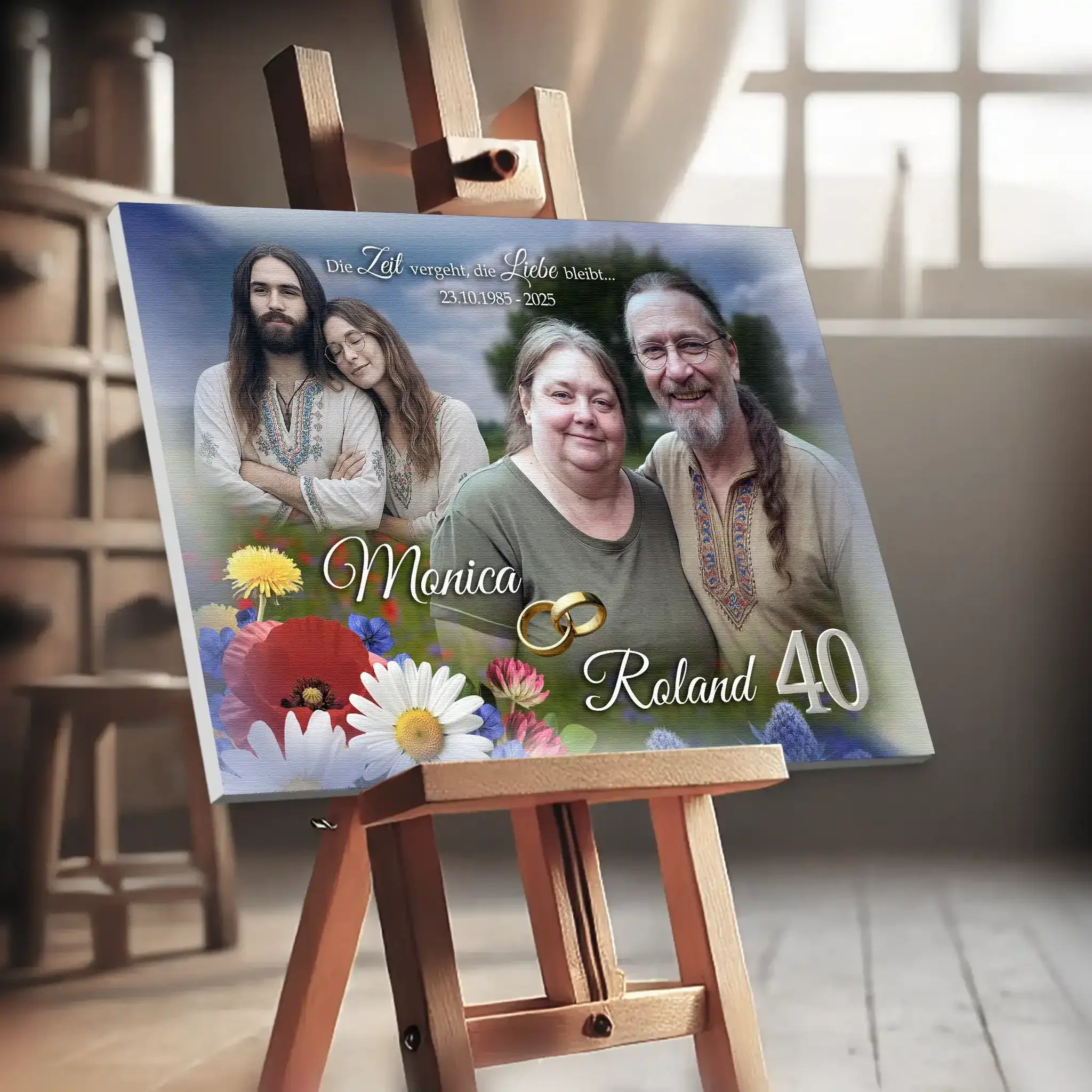 Geschenk zur Rubinhochzeit Leinwandbild  mit Fotos von damals und heute, personalisiert mit Namen und Datum. Exklusives Geschenk zum 40. Hochzeitstag.