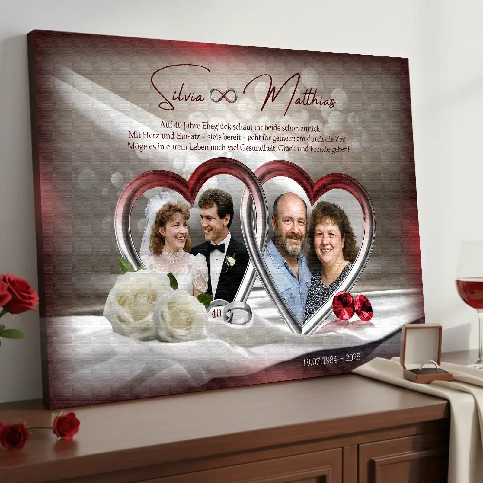 Originelles Geschenk zur Rubinhochzeit - Individuelle Leinwand zur Feier zum 40. Hochzeitstag.