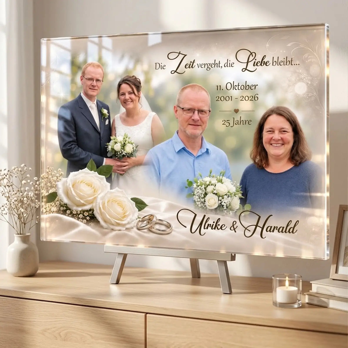 Geschenk zum 25. Hochzeitstag. Acrylglasbild mit Fotos von damals und heute vereint in einer harmonischen Kombination aus Fotos, Namen und Datum. Hochwertiges Premium Geschenk zur silbernen Hochzeit