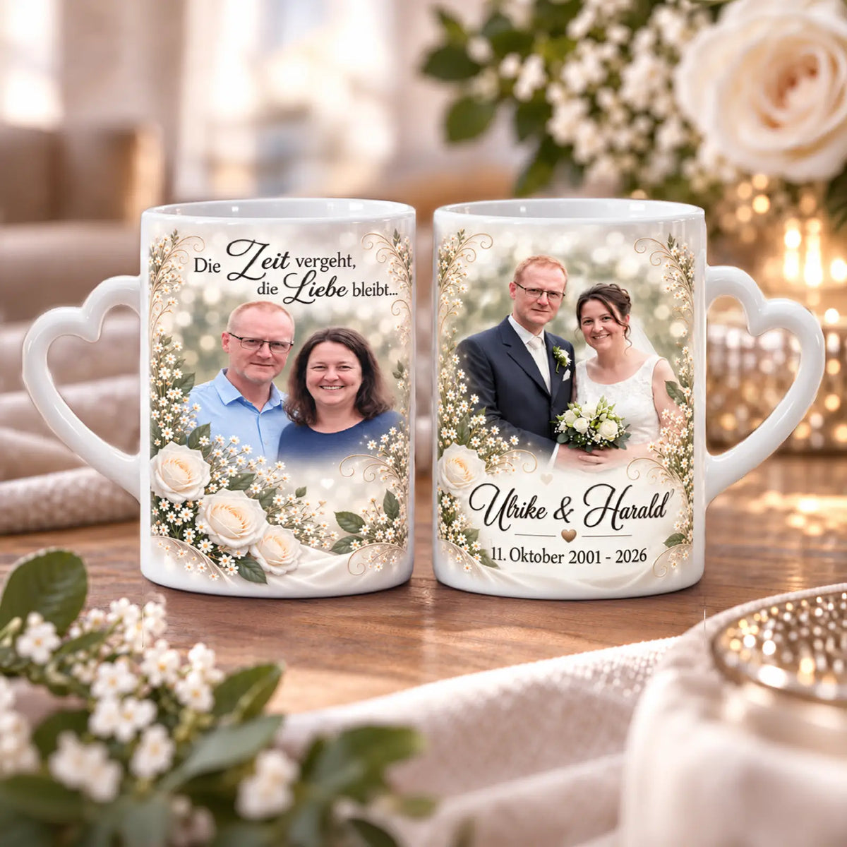 Personalisiertes Geschenk mit Fotos zur Silberhochzeit. Tasse mit Herzhenkel und romantischem Motiv zum 25. Hochzeitstag