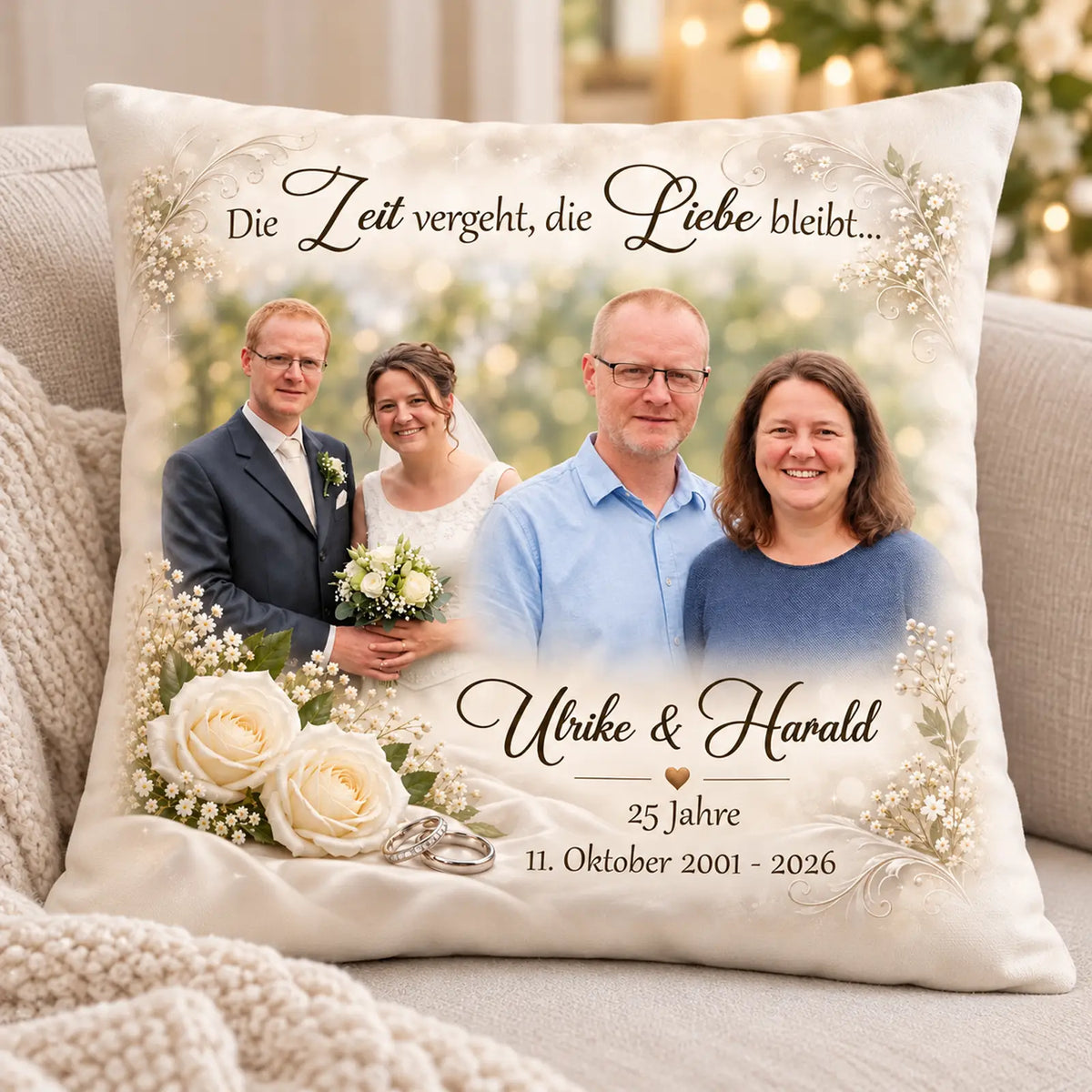 Personalisiertes Geschenk zur silbernen Hochzeit. Kissen mit Fotos und Text als emotionales Premiumgeschenk zum 25. Hochzeitstag.