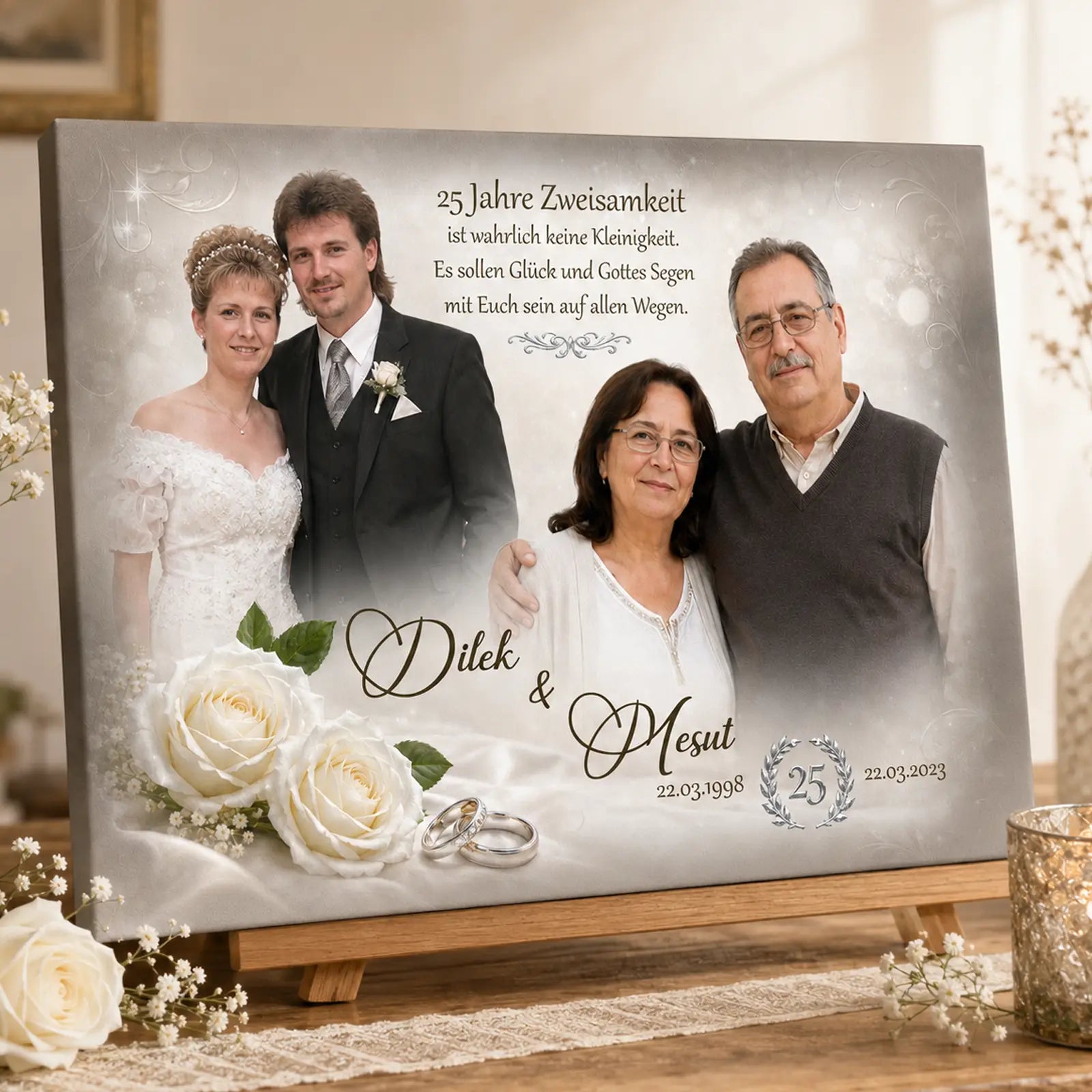 Geschenk zur silbernen Hochzeit. Personalisierte Leinwand mit Fotos und Text zum 25. Hochzeitstag.