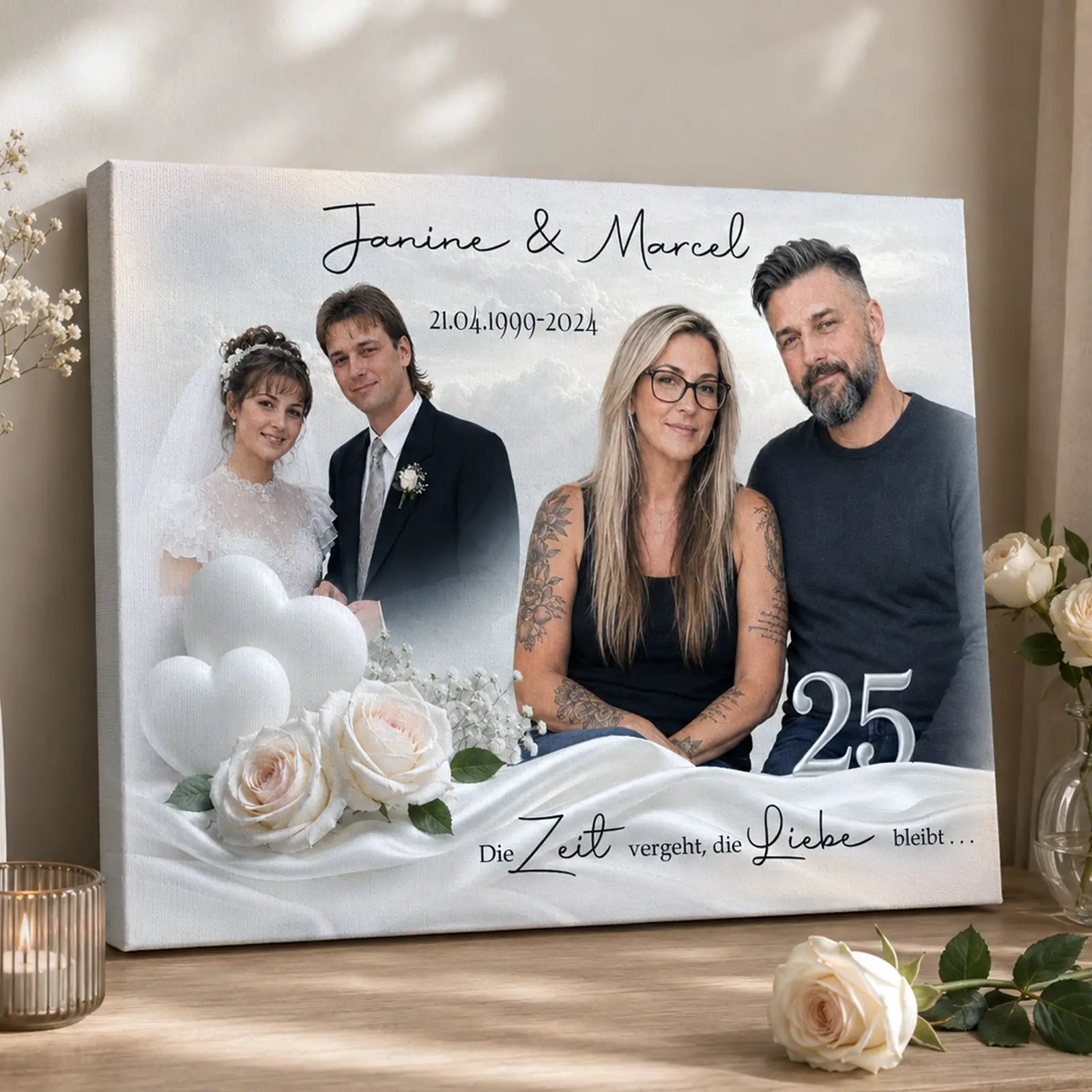 Personalisiertes Geschenk zur Silbernen Hochzeit. Romantisches Design mit Fotos und Texten zum 25. Hochzeitstag.