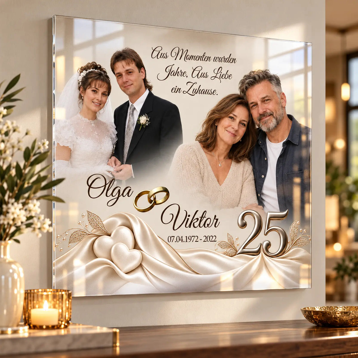 Geschenk mit Foto von Damals und Heute in brillanten Farben auf hochwertigem Acrylglas. Personalisiertes Geschenk zum 25. Hochzeitstag für Eltern oder Freunde.