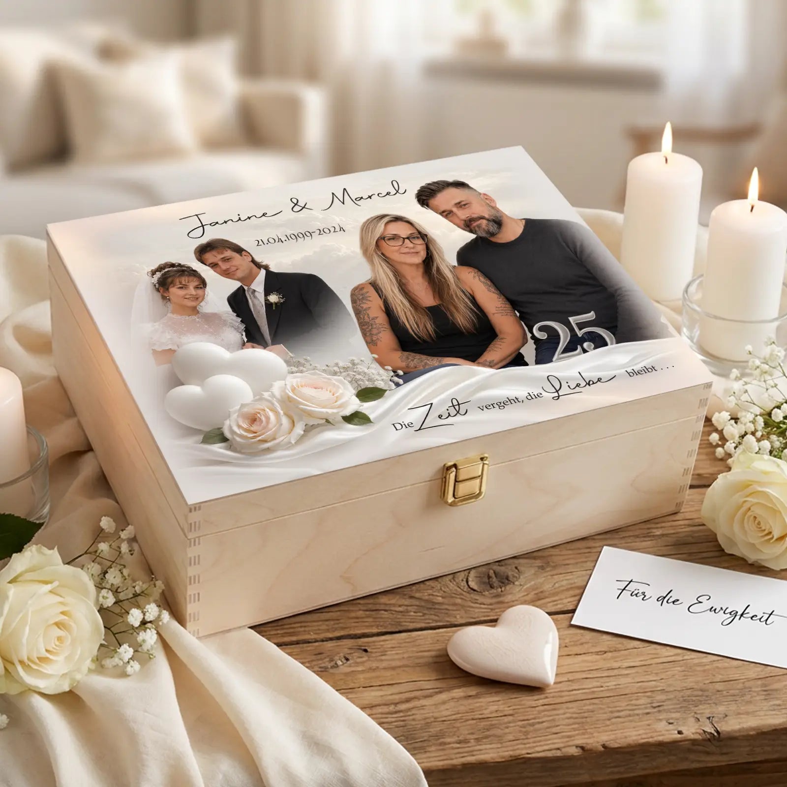 Geschenk zur silbernen Hochzeit. Personalisierte Holzbox mit Fotos und Namen zum 25. Hochzeitstag.