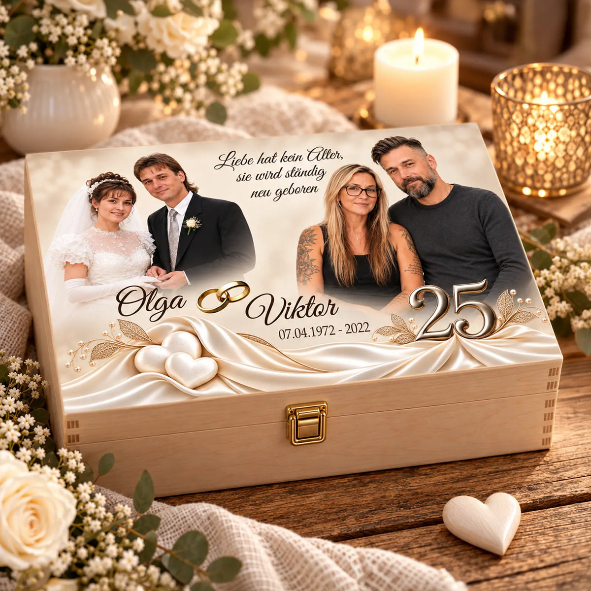 Personalisierte Holzbox als originelles Geschenk zur Silberhochzeit. Mit Fotos von früher und heute. Bezauberndes Design mit Namen und Datum, ideale Geschenkidee zur silbernen Hochzeit.