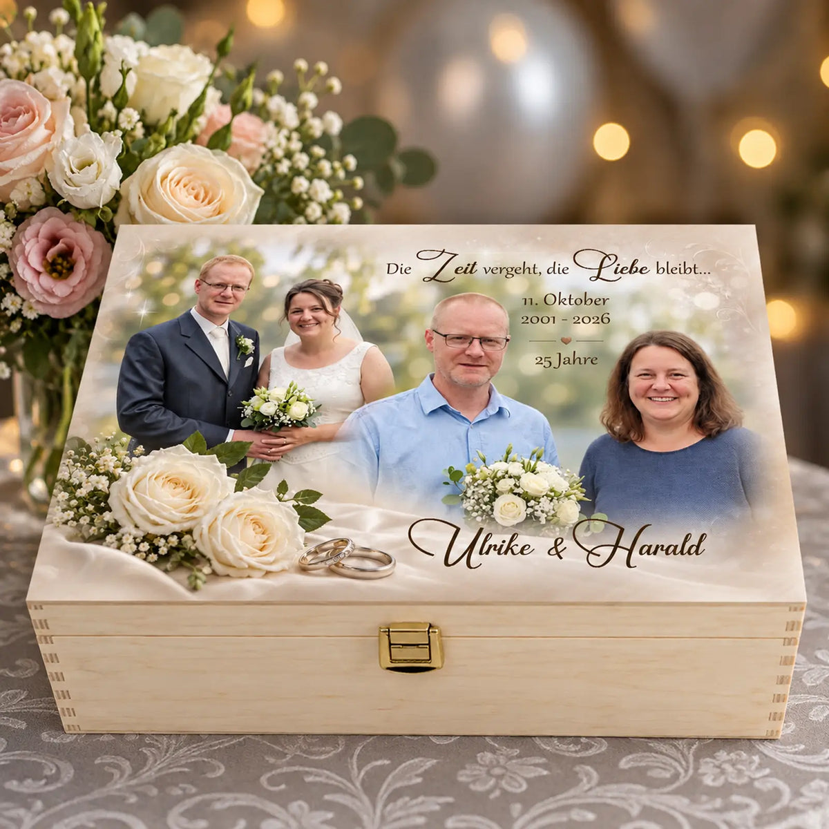 Geschenk zur Silbernen Hochzeit. Holzbox mit Foto und Daten als Premiumgeschenk zum 25. Hochzeitstag