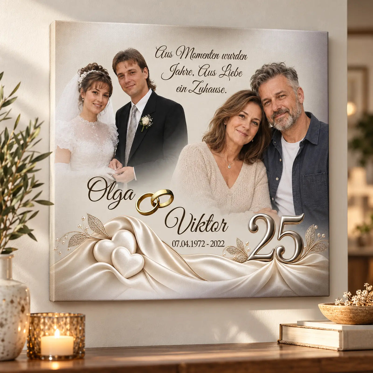 Hochzeitsgeschenk zum 25. Hochzeitstag. Personalisierte Leinwand mit Fotos von Damals und Heut  als ideales Geschenk für die Eltern.