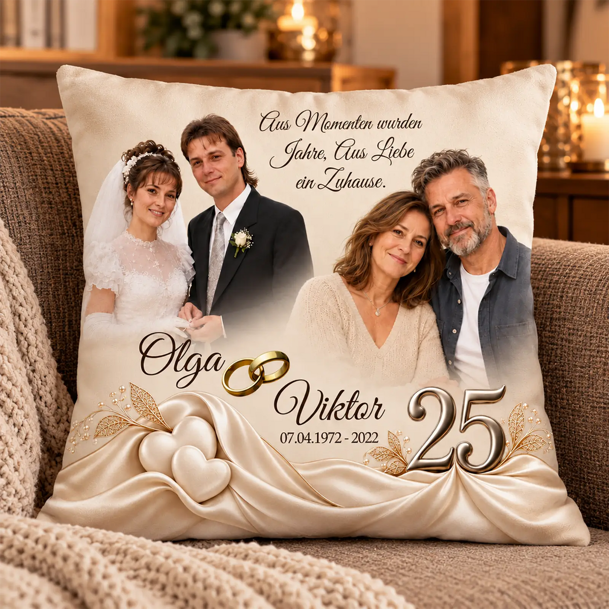 personalisiertes Kissen mit Fotos und Worten als Geschenk zur silbernen Hochzeit.. Originelles Hochzeitsgeschenk zum 25. Hochzeitstag.