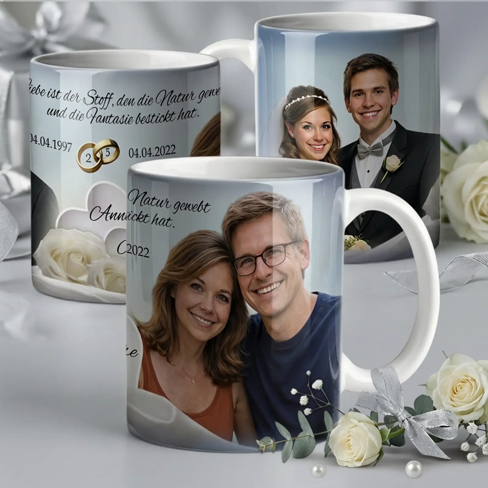 Geschenk zur Silbernen Hochzeit: Tasse mit Foto zum 25. Hochzeitstag, Anna und Andre
