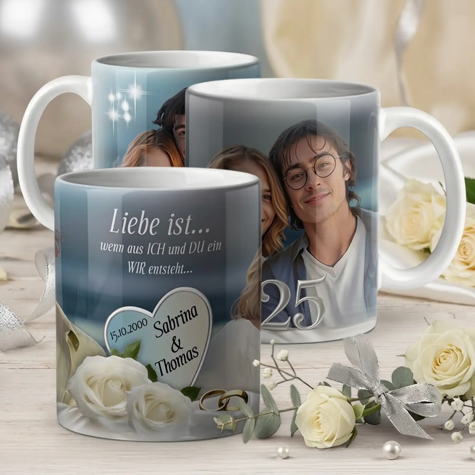 Geschenk zur Silbernen Hochzeit: Tasse mit Foto zum 25. Hochzeitstag, Sabrina-Thomas