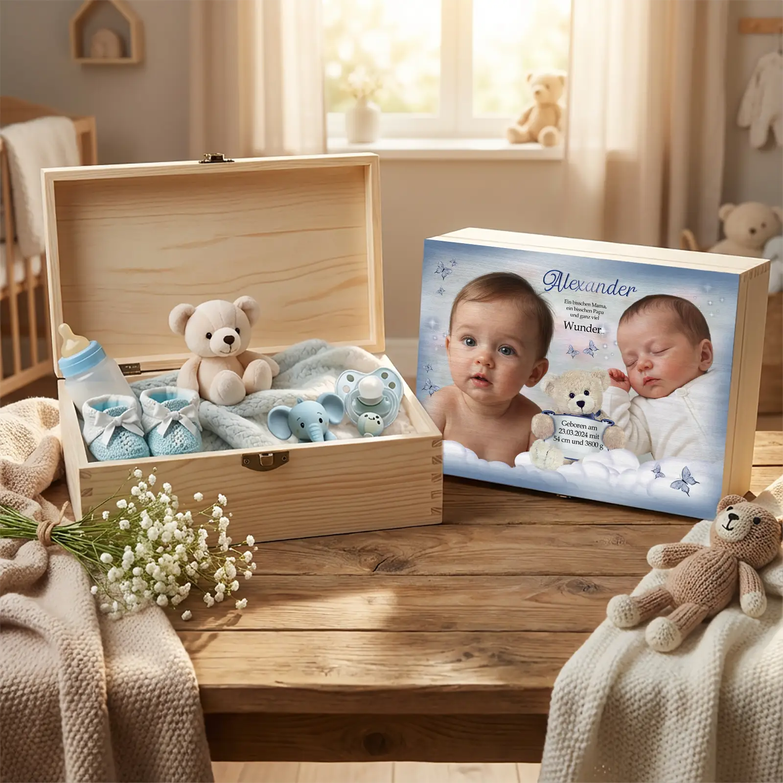 Geschenk zur Taufe oder Geburt: Andenkenbox mit Babyspielzeug und Erinnerungsstücken für Babys erste Schätze und glückliche Momente. Ideales Taufgeschenk 