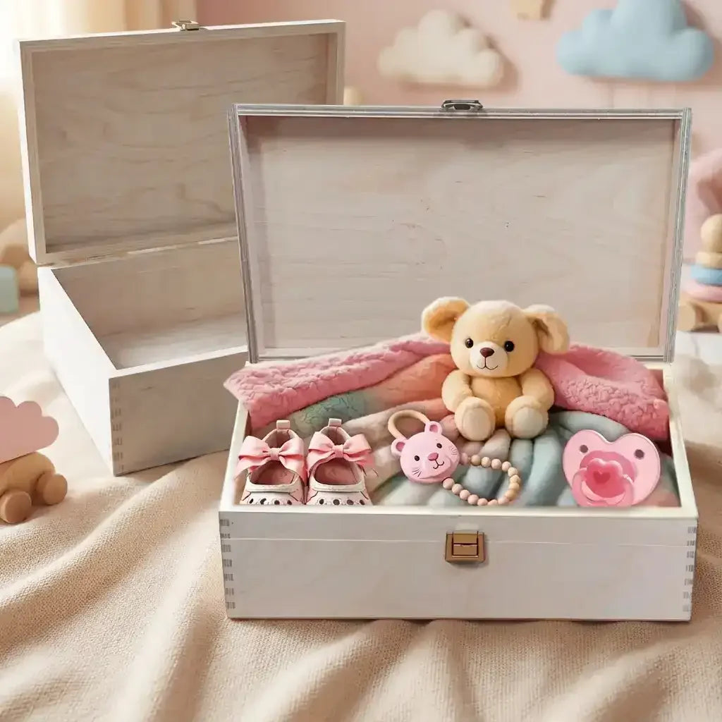Geschenk zur Geburt: Andenkenbox für Babys erste Schätze mit Bärchen, Schnuller und Hausschuhen.