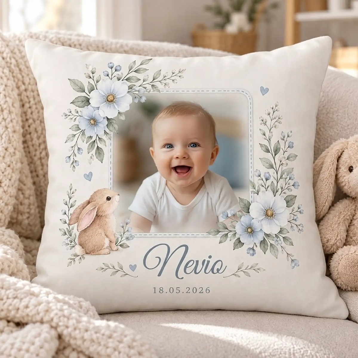Personalisiertes Taufkissen mit harmonisch eingefasstem Babyfoto – Motiv kleiner Hase mit Blumenkranz für Jungen