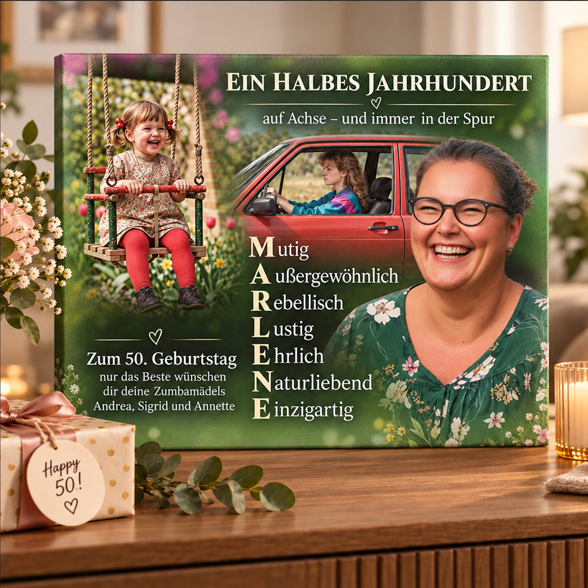 Personalisiertes Geschenk zum Geburtstag - einzigartige Leinwand mit Fotos und persönlichen Texten. 