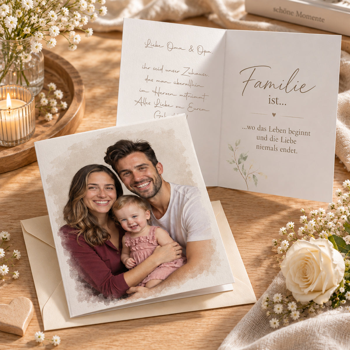 einzigartige Karte mit Foto und Name, personalisiert für die Familie als persönliches Geschenk