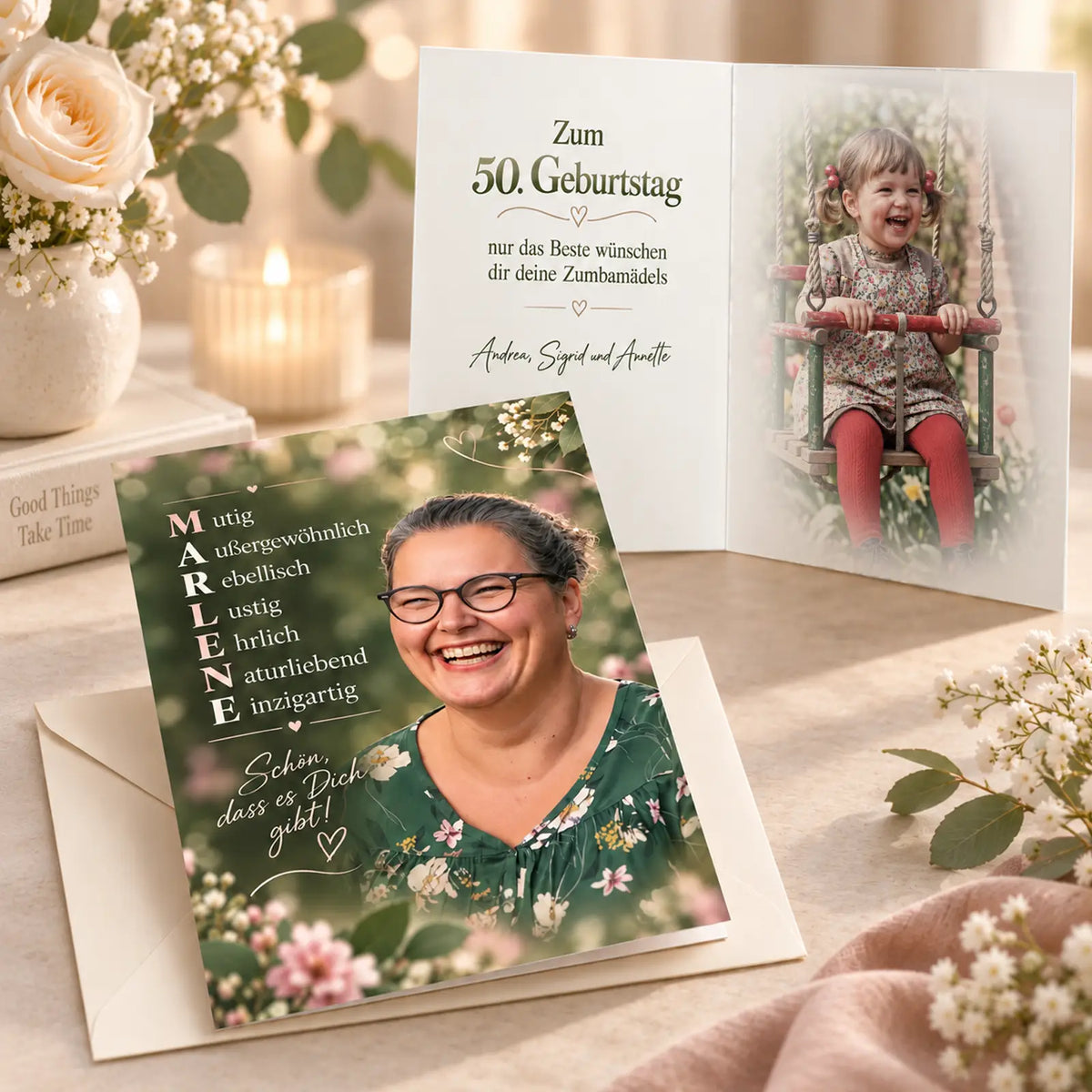 Geschenk zum Geburtstag - personalisierte Karte mit Fotos von Damals und Heute. romantisch mit Blumen und innen und außen bedruckt. Hochwertige Premium Karte für ganz spezielle Glückwünsche.