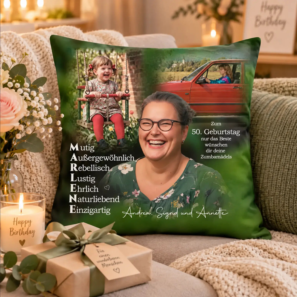 Geschenk zum Geburstag - kuschliges Kissen mit Fotos von verschiedenen Lebensabschnitten. Personalisiert mit Fotos und Texten.
