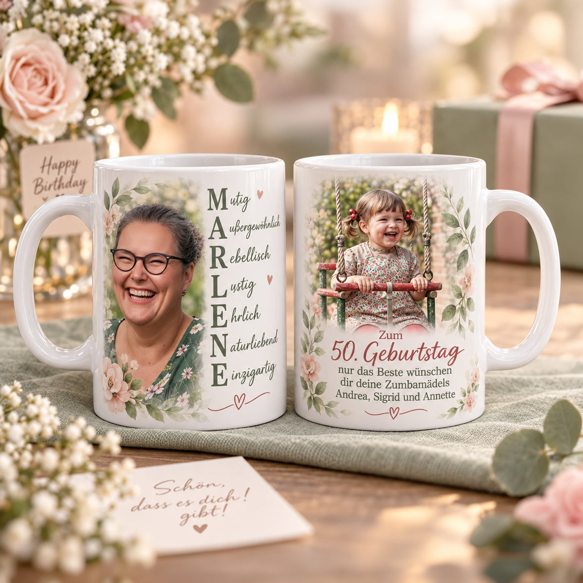 Romantische Tasse mit Damals & Heute Fotos als besonderes Geschenk zum Geburtstag