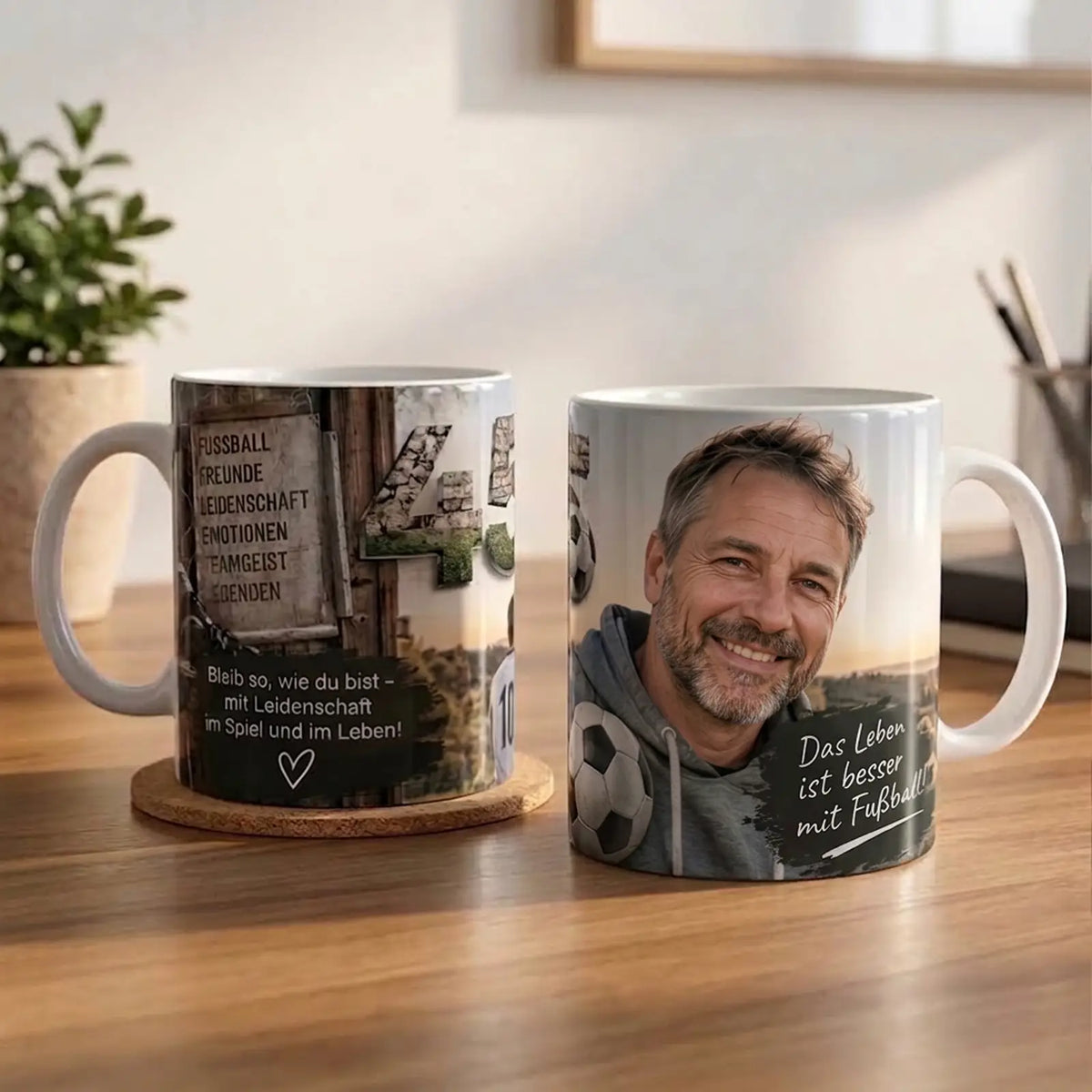 Personalisiertes Geburtstagsgeschenk: Exklusive Fototasse zum 45. Geburtstag mit Fußball-Motiv, Porträt und Spruch