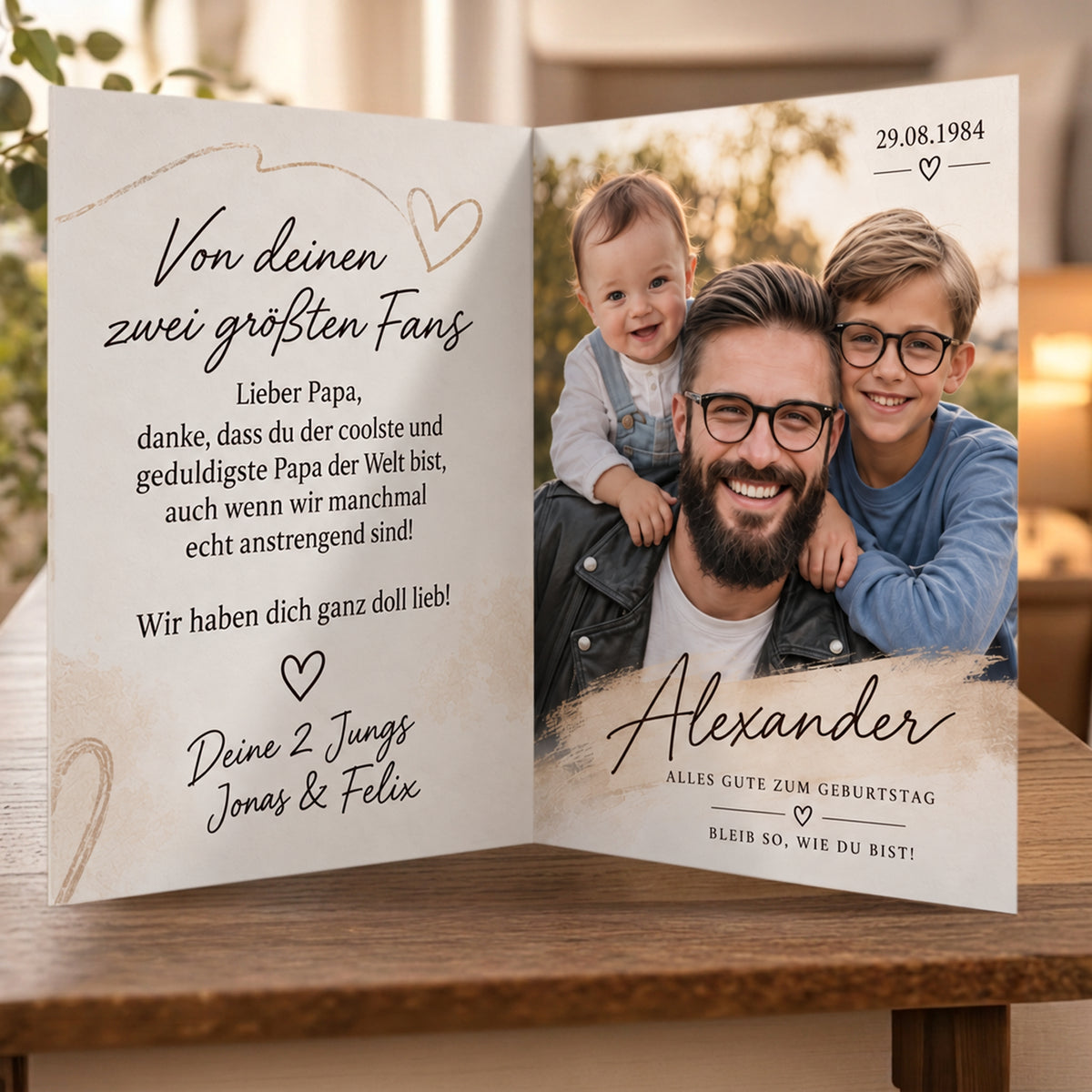Glückwunschkarte zum Geburtstag von Söhnen für Papa. Personalsiert mit Grüßen und Fotos und netten Texten.