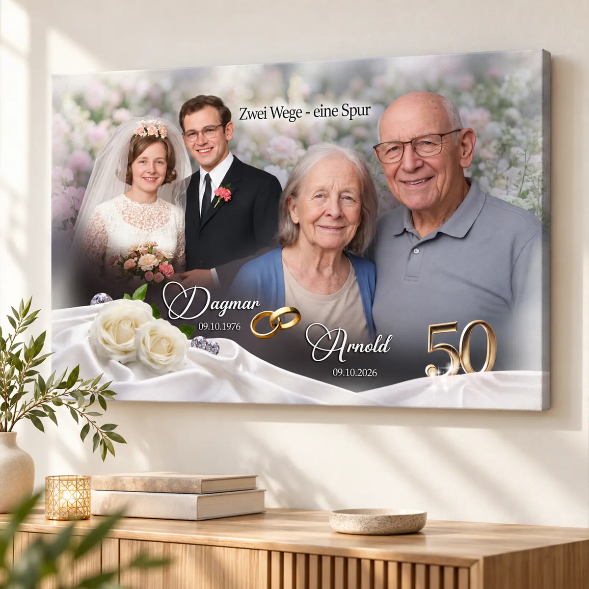 Personalisierte Leinwand zur Goldenen Hochzeit mit Fotos von Damals und Heute, Namen und Datum – Geschenk zum 50. Hochzeitstag. Besonderes Geschenk für Eltern und Großeltern