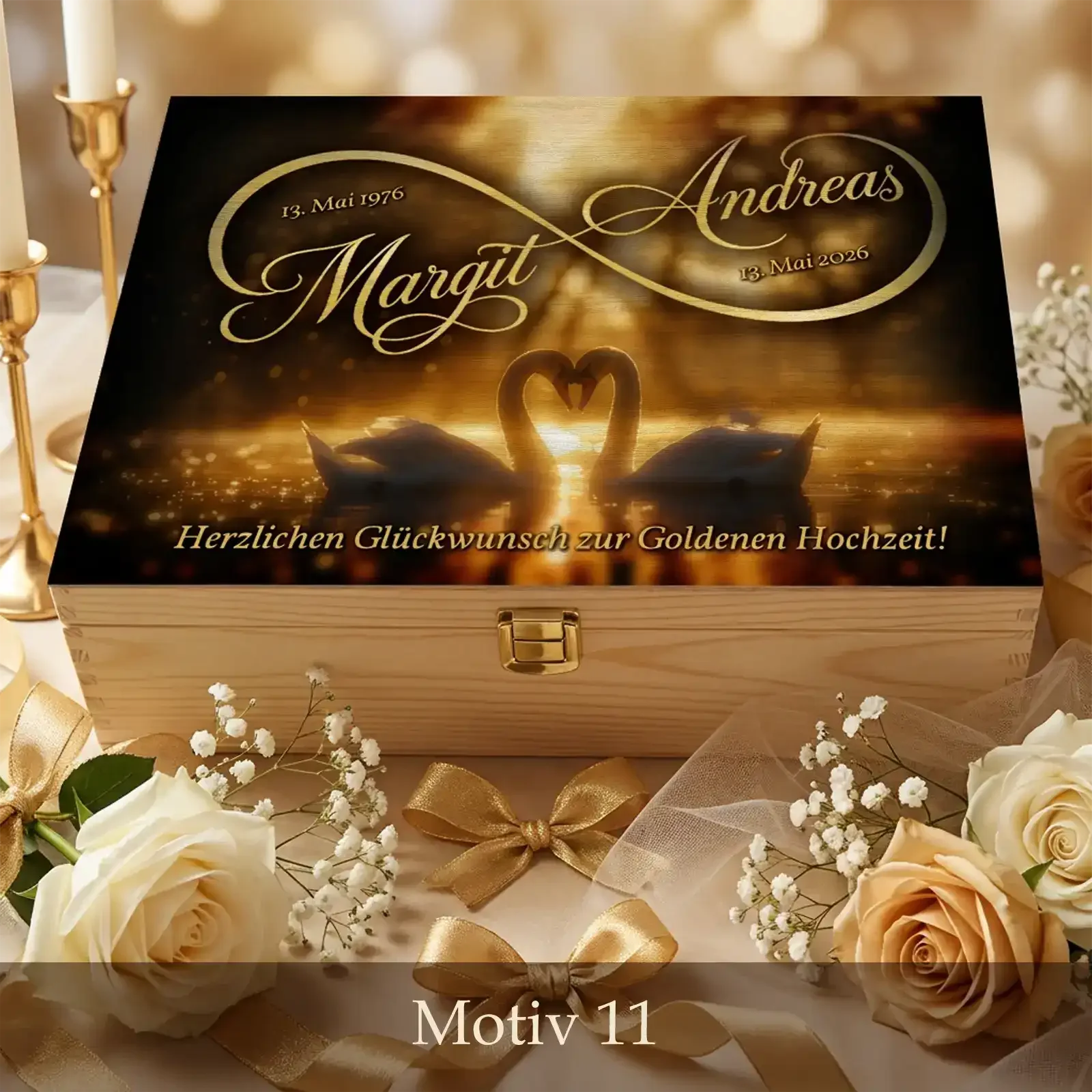 Individuell personalisierte Holzbox zur Goldenen Hochzeit mit Namen und Datum als hochwertiges Geschenk zum 50. Hochzeitstag