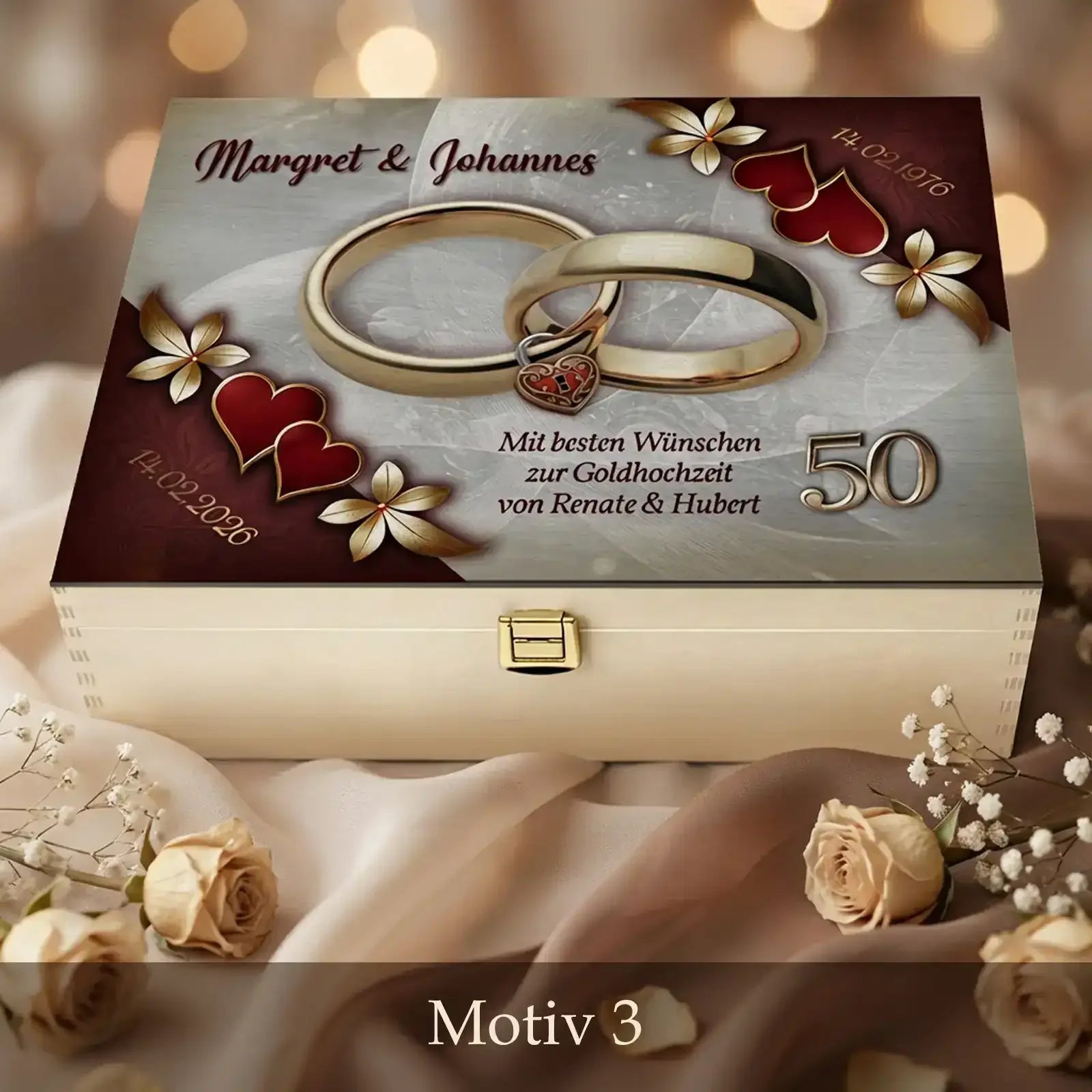 Eine bezaubernde Holzbox als personalisiertes Geschenk zur goldenen Hochzeit für den 50. Hochzeitstag mit individuellem Design.
