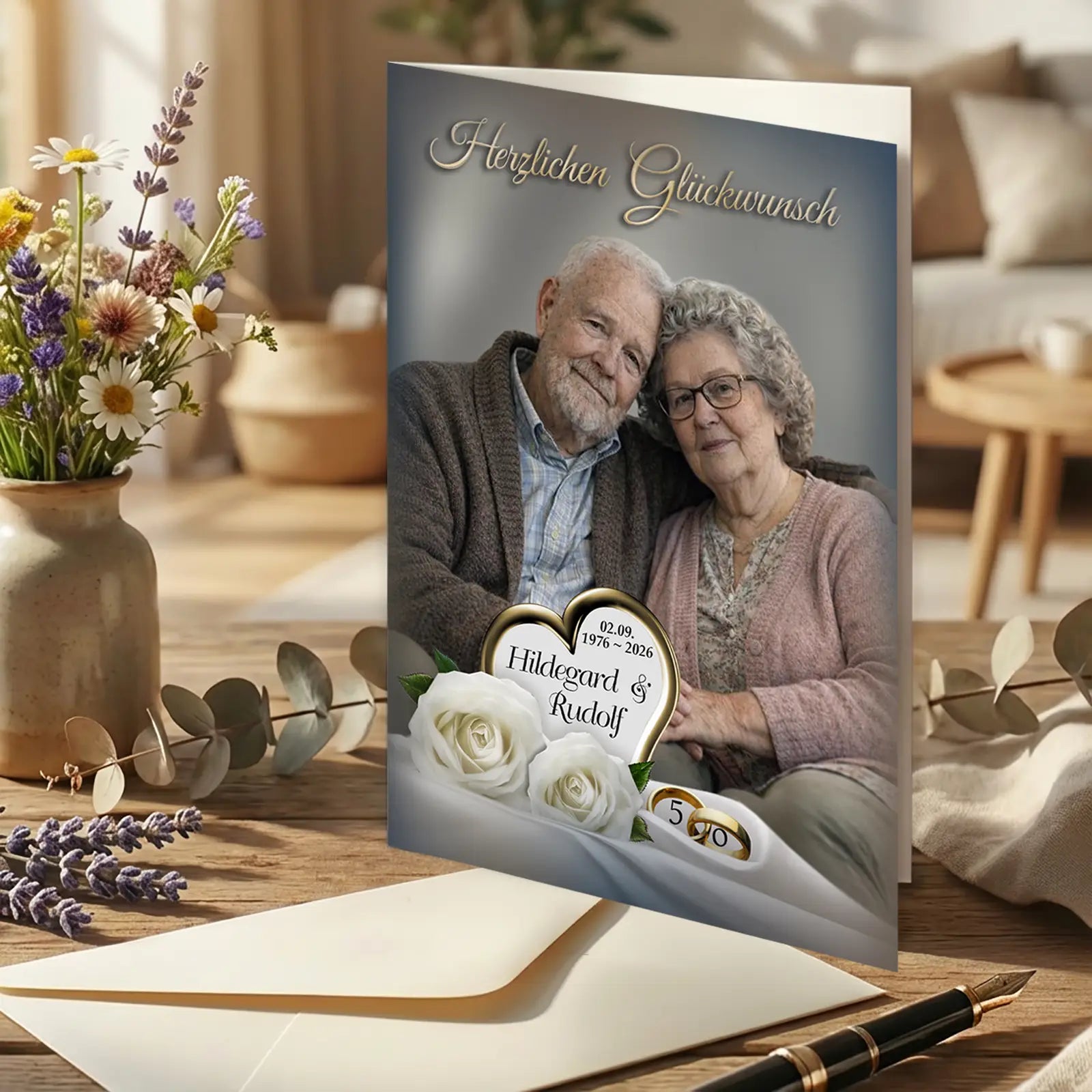 Personalisiertes Geschenk zur Goldenen Hochzeit. Einzigartige Grußkarte mit Foto außen und innen, persönlicher Text wie Namen Hochzeitsdatum. Perfekt zum 50. Hochzeitstag.