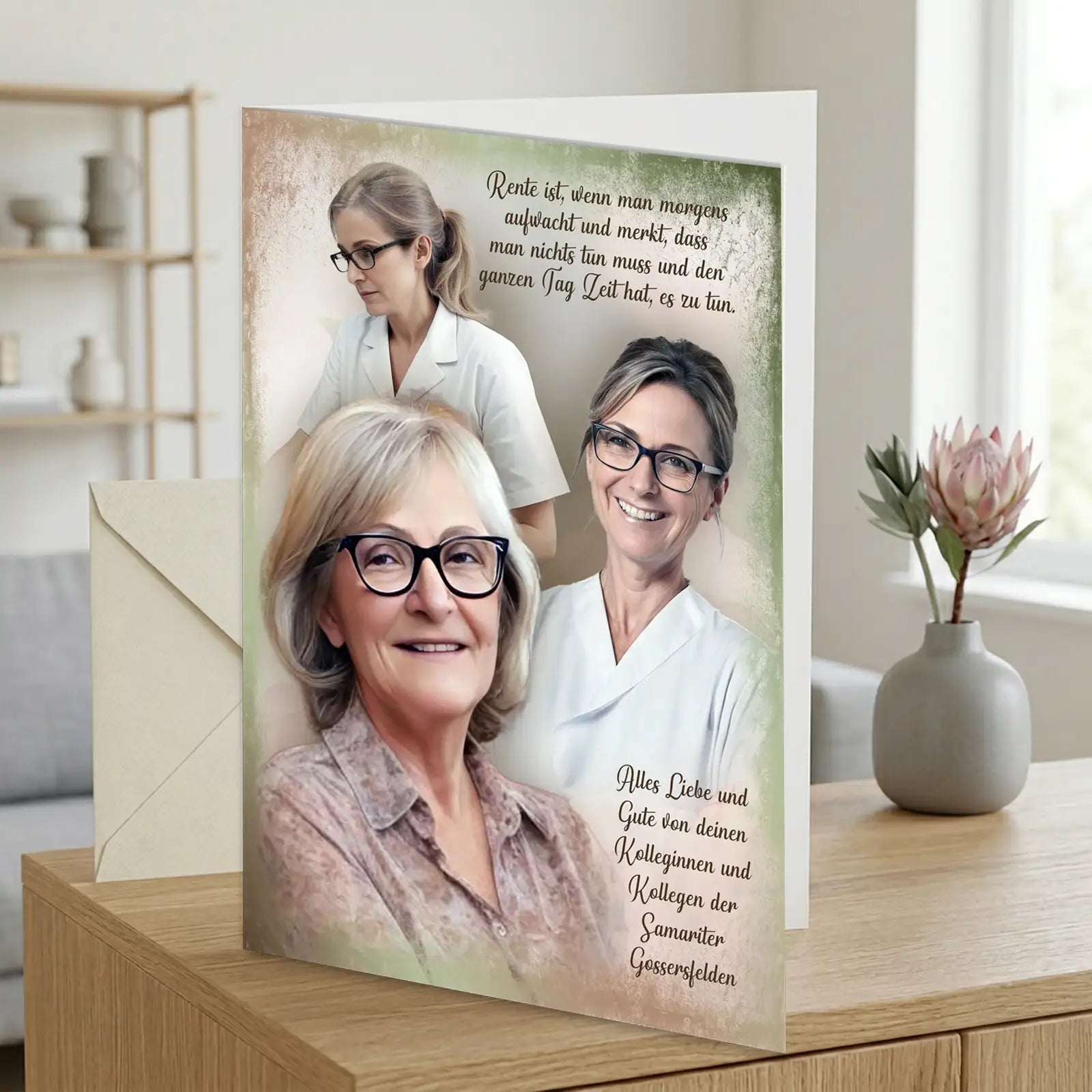 hochwertige Karte mit Foto und Name als personalisiertes Geschenk zum Rentenantritt von den Arbeitskollegen. individuell und wertig gestaltet