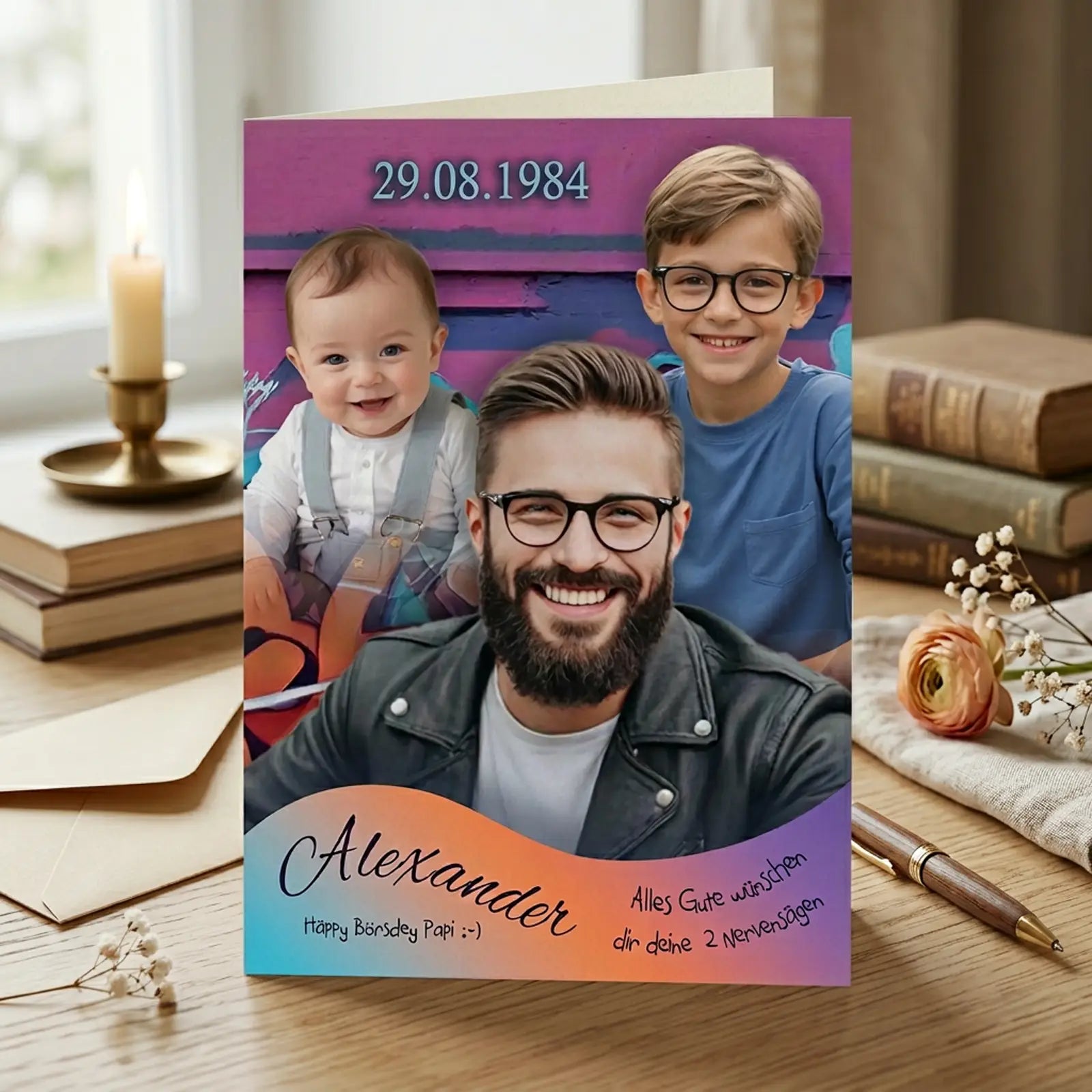 personalisierte Grußkarte als hochwertiges Geschenk zum Geburtstag, mit Foto und Name individuell gestaltet