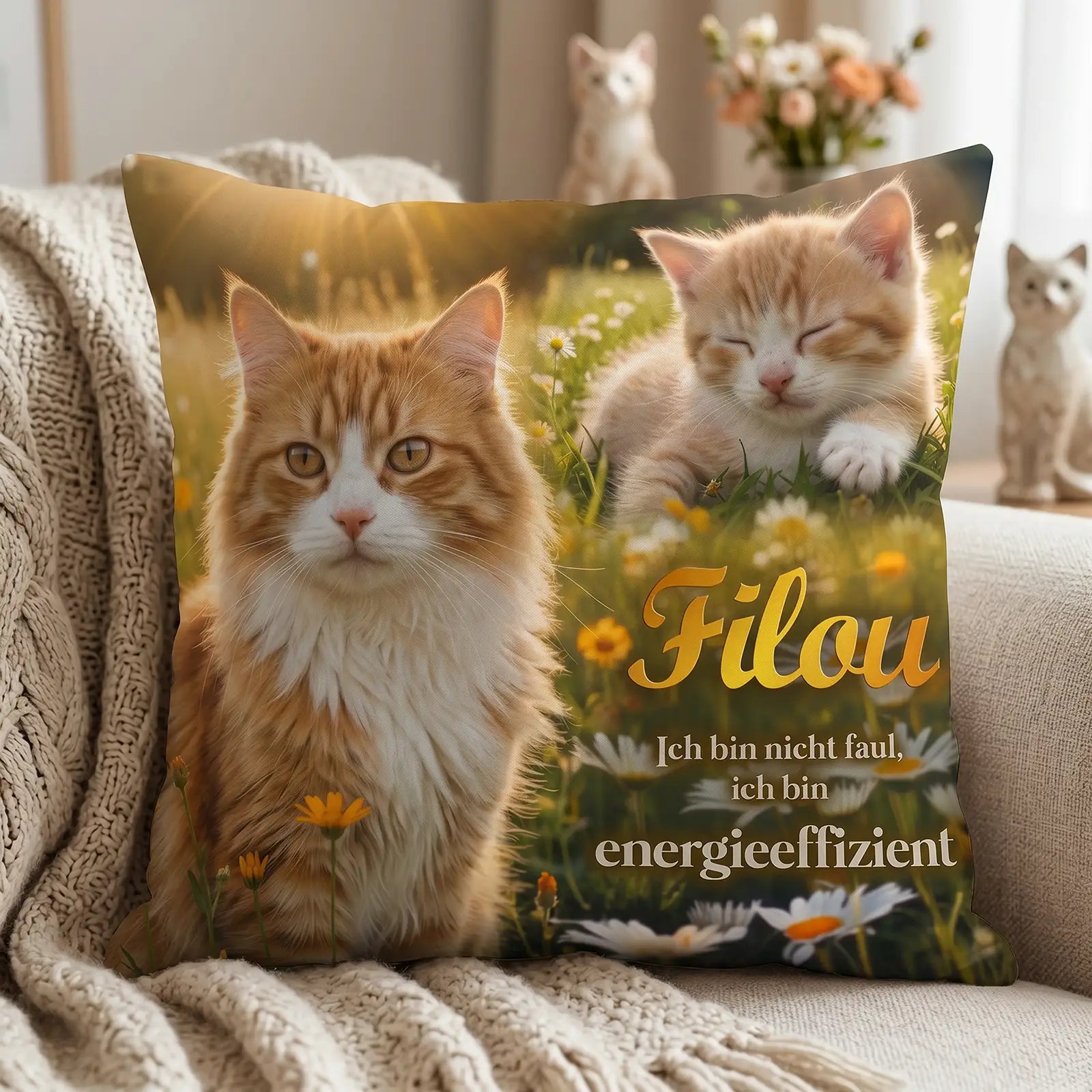 Personalisiertes Kissen mit Katze Filou, Katzenfoto und humorvollem Spruch als Geschenk für Tierfreunde