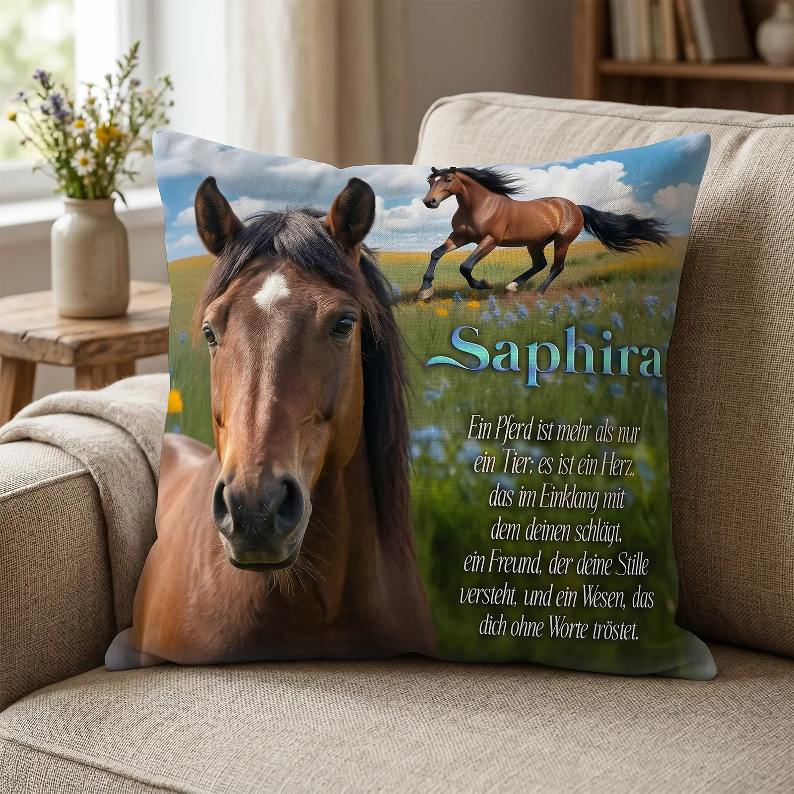 Personalisiertes Kissen mit Pferd Saphira, Pferdefoto und liebevollem Spruch als Geschenk für Tierfreunde