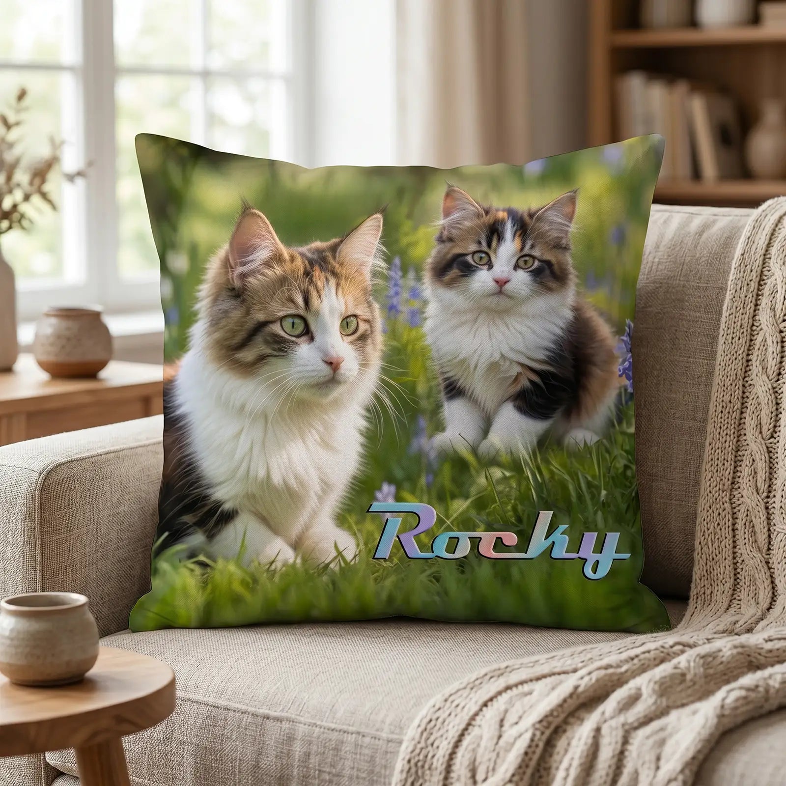 Personalisiertes Kissen mit Katze Rocky, zwei Katzenfotos und Naturmotiv als Geschenk für Tierfreunde