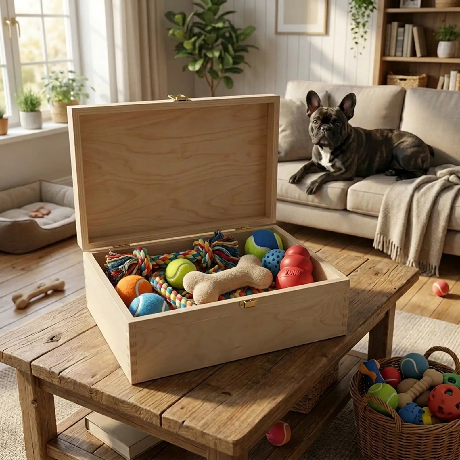 Geschenk für Tierfreunde. Offene Holzbox als Aufbewahrungsbox für Hundespielzeug und Erinnerungen an Haustiere