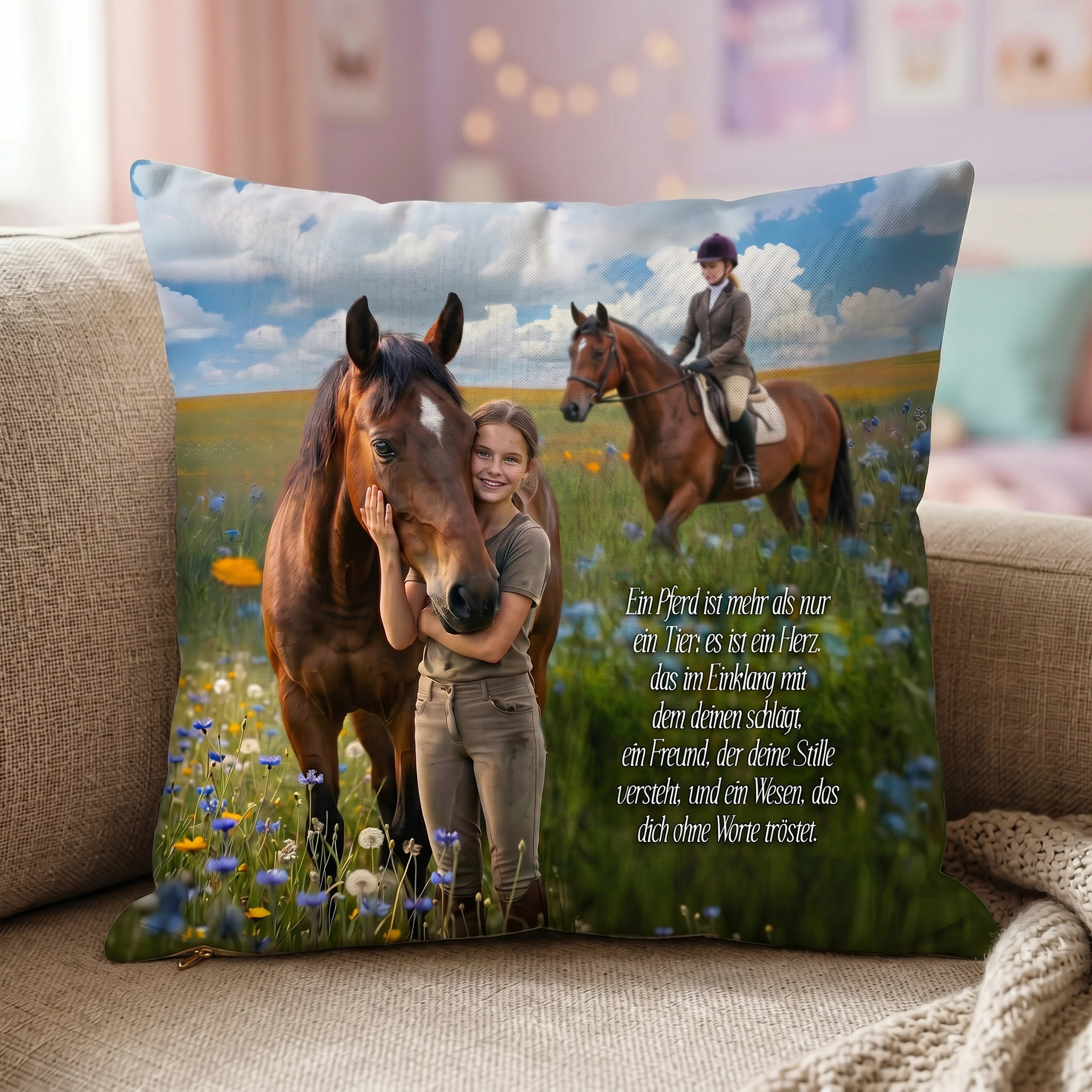 Personalisiertes Zierkissen fur Pferdefreunde mit Fotos und Spruch.